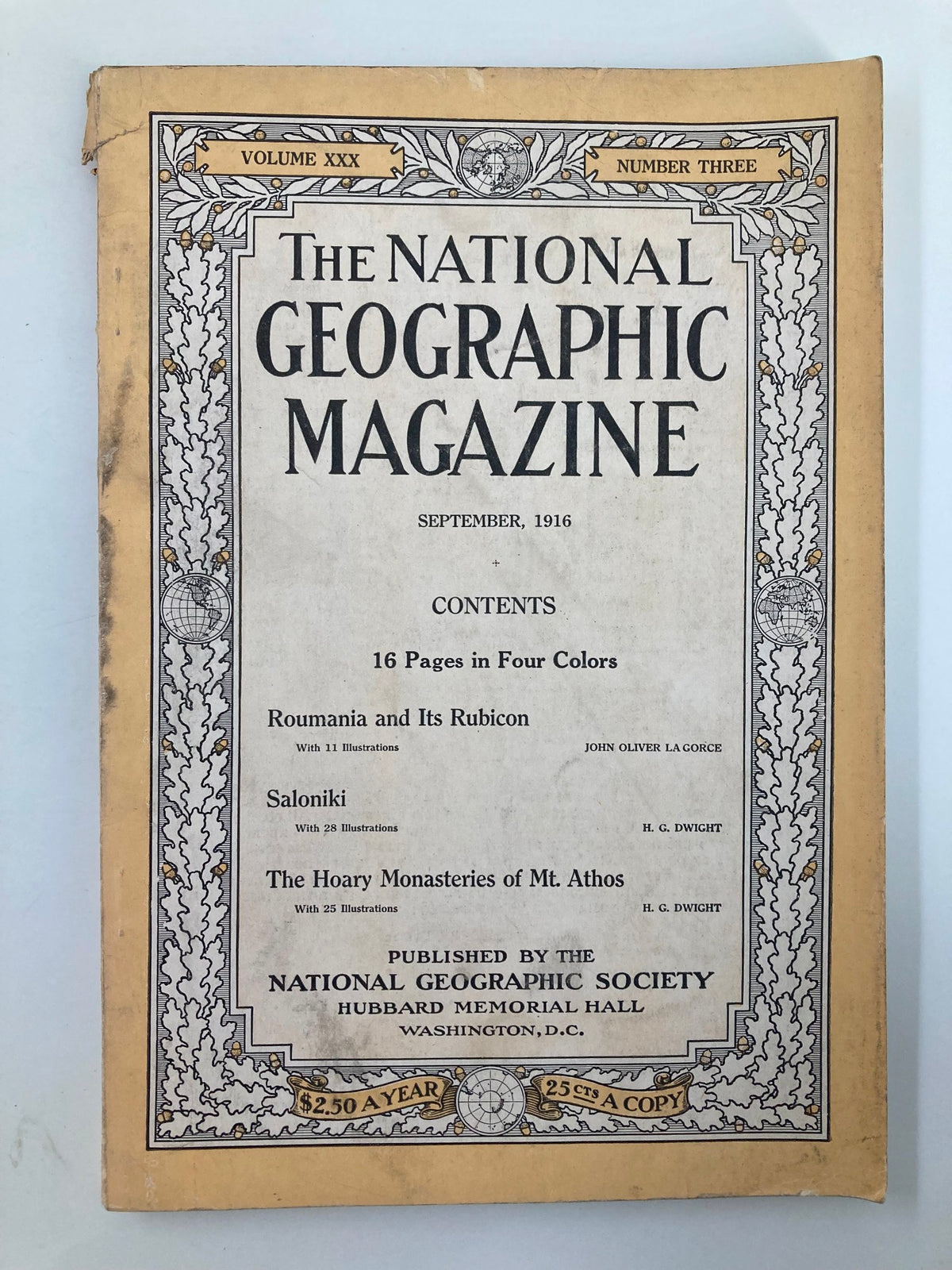 Cover of VTG The National Geographic Magazine from September 1916 featuring Romania and Its Rubicon, showcasing historical content, vintage design, and captivating illustrations.