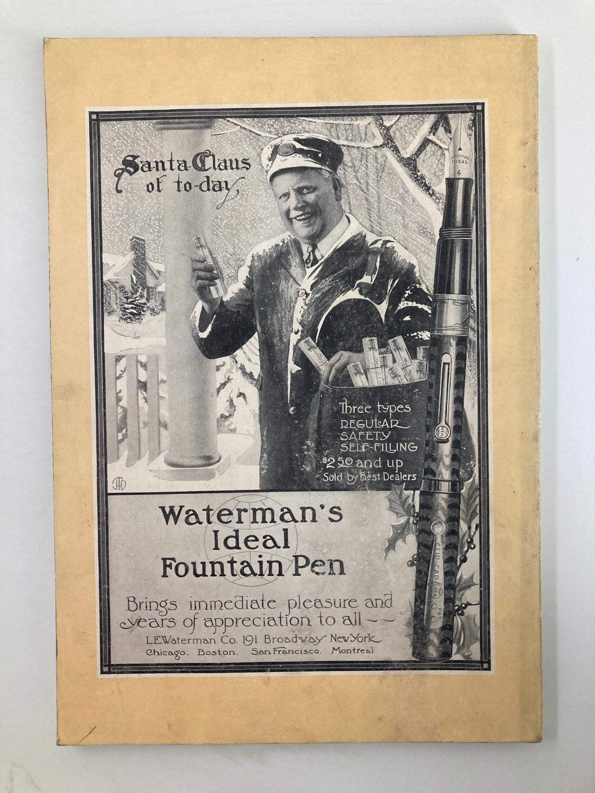 Back cover of The National Geographic Magazine, November 1919, showcasing an advertisement for Waterman's Ideal Fountain Pen. This vintage magazine highlights both historical content and promotional materials from its era.