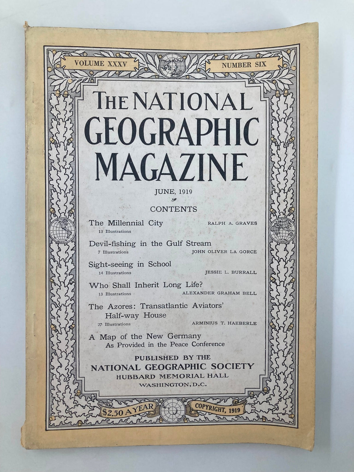 Cover of the National Geographic Magazine from June 1919, featuring the title 'The Millennial City' along with contents including discussions on urban landscapes and transformative early 20th-century themes.