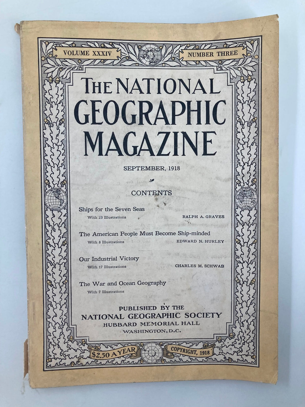 Cover of the vintage National Geographic Magazine from September 1918, featuring the title 'Ships for the Seven Seas' along with contents listed for articles inside.