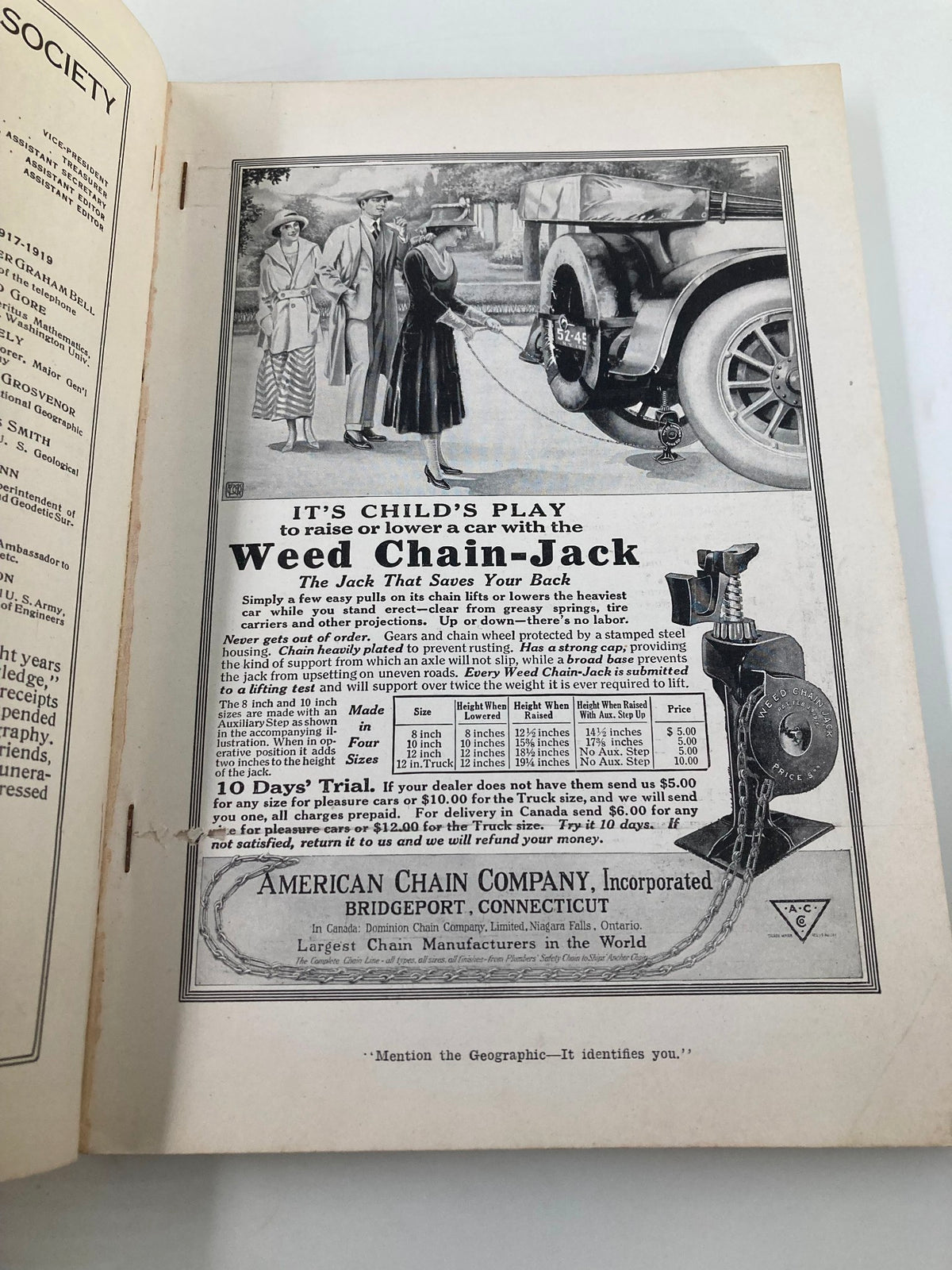 Inside page of VTG The National Geographic Magazine October 1917 showcasing an advertisement for the Weed Chain Jack with a vintage design.