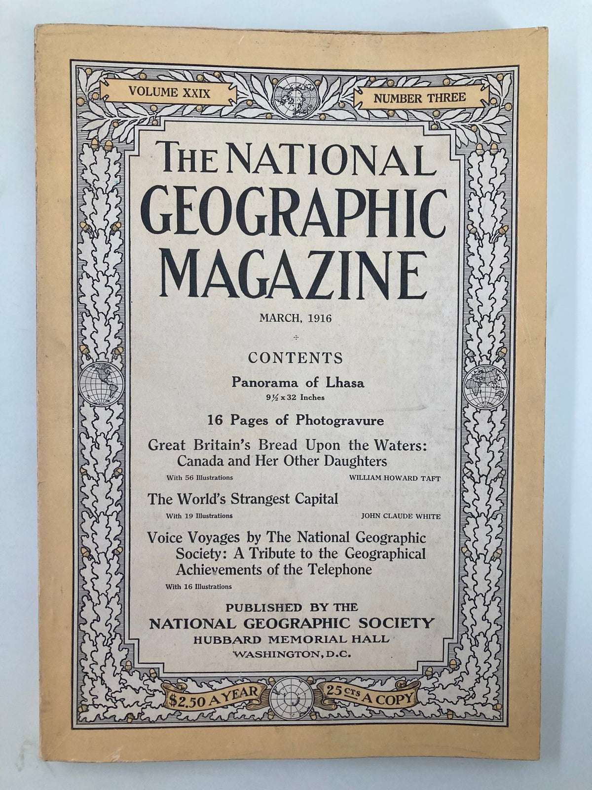 Cover of the March 1916 National Geographic Magazine featuring the title and contents including 'The World's Strangest Capital'.
