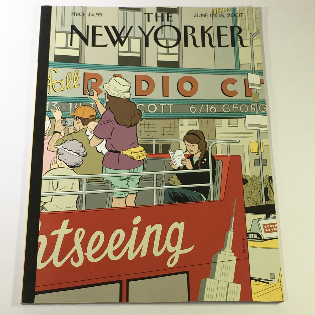 The New Yorker June 11 & 18 2007 magazine cover featuring an illustration of a sightseeing bus with characters observing city life, showcasing the artistic style of Adrian Tomine.