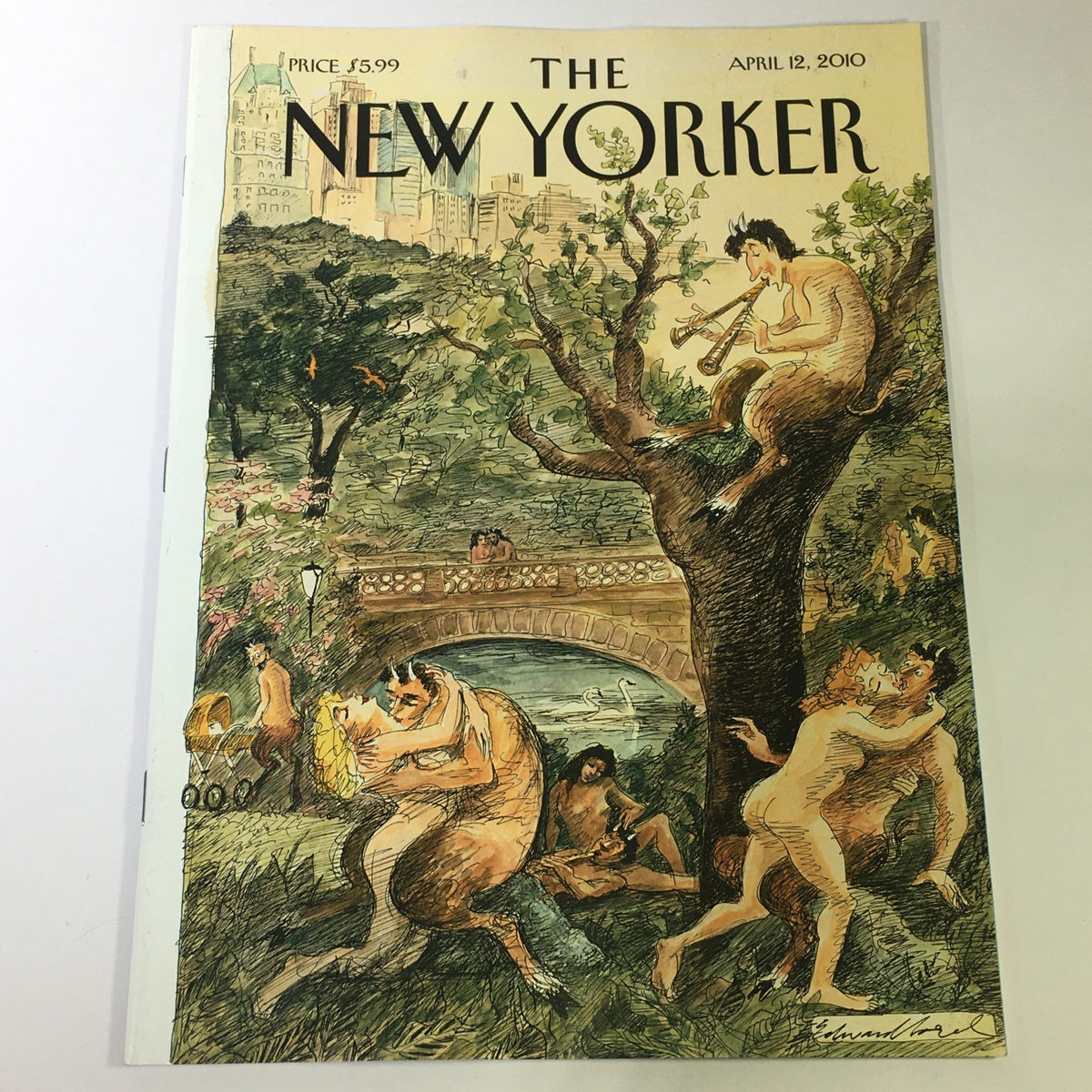 The New Yorker April 12 2010 Cover featuring a vibrant illustration by Edward Sorel depicting a whimsical park scene with figures playing music and enjoying nature.