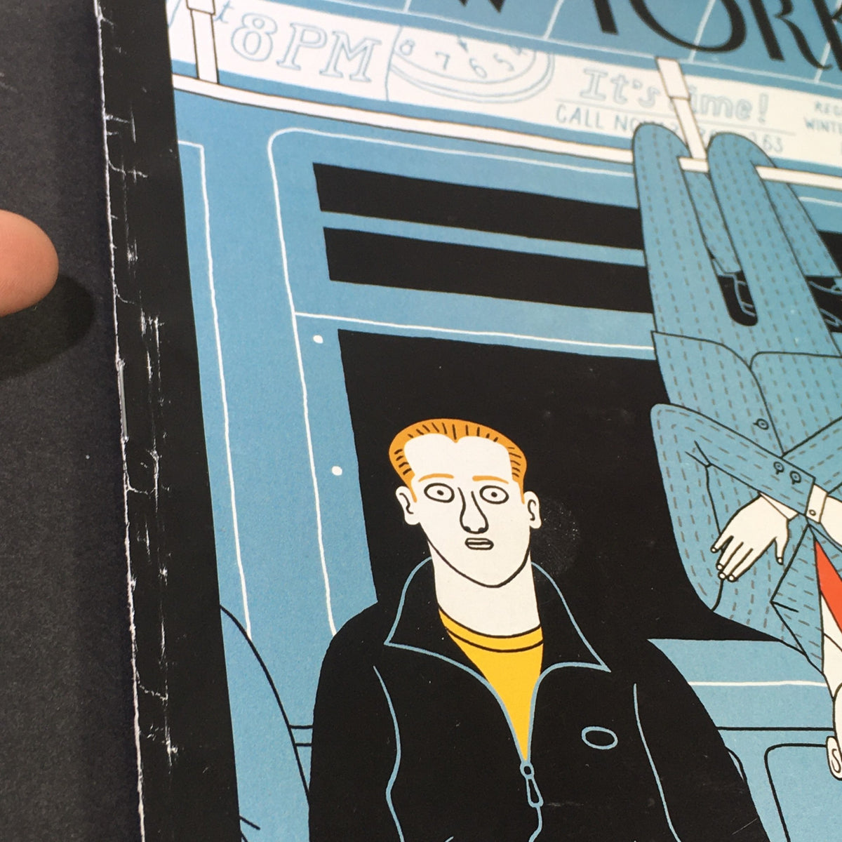 Close-up of The New Yorker January 27 2020 magazine cover, highlighting the detail of the illustrated characters, focusing on one with a shocked expression and another in casual clothing.