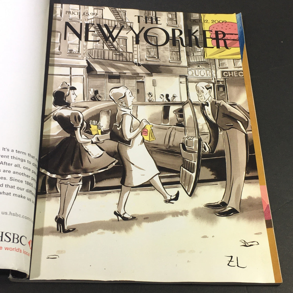 Cover of The New Yorker Magazine from October 12, 2009, featuring an illustration set on a city street with elegantly dressed characters, part of 'The Food Chain' by Dan Clowes.