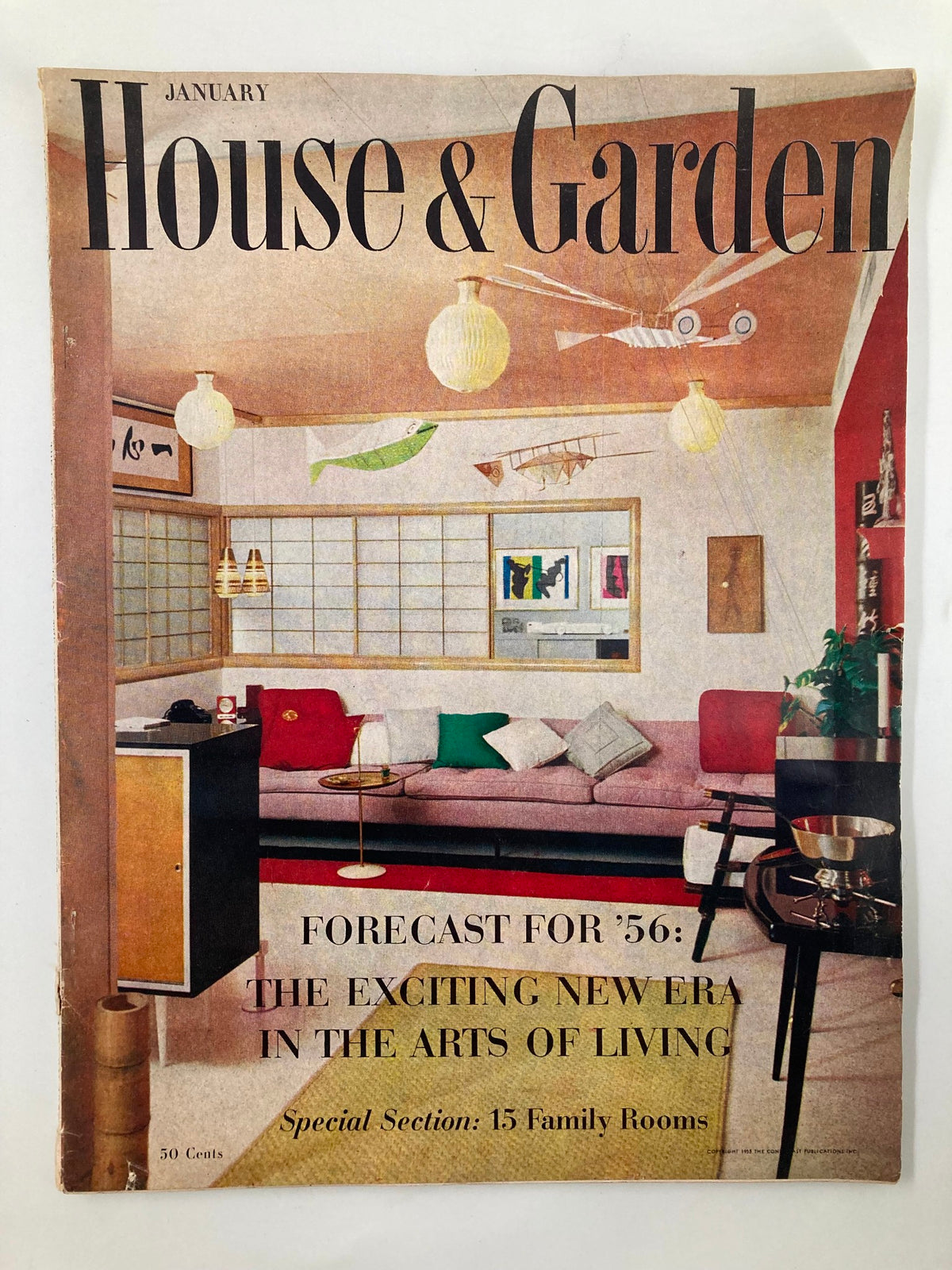 Cover of VTG House & Garden Magazine January 1956 titled 'The Exciting New Era: Arts of Living' featuring a colorful mid-century interior design and furniture layout.