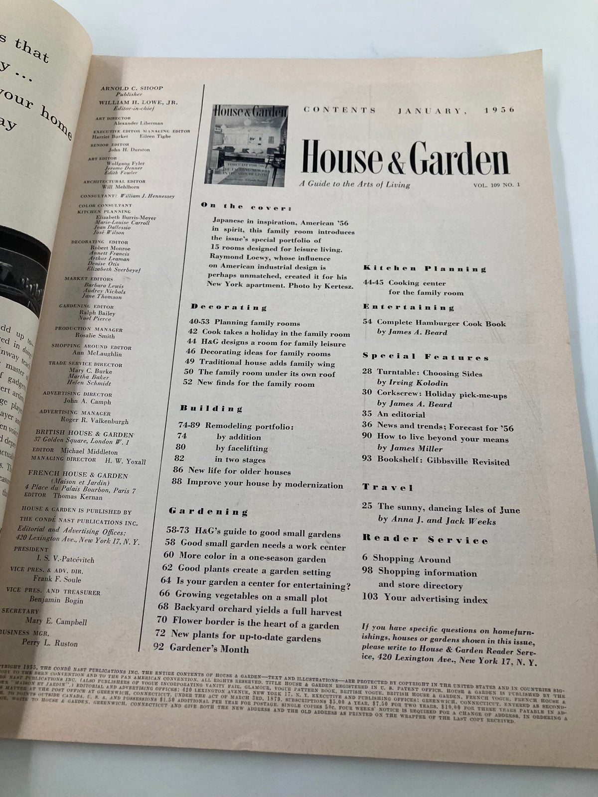 Contents page of VTG House & Garden Magazine January 1956 with a list of articles and features, showcasing the magazine's focus on interior design and lifestyle.