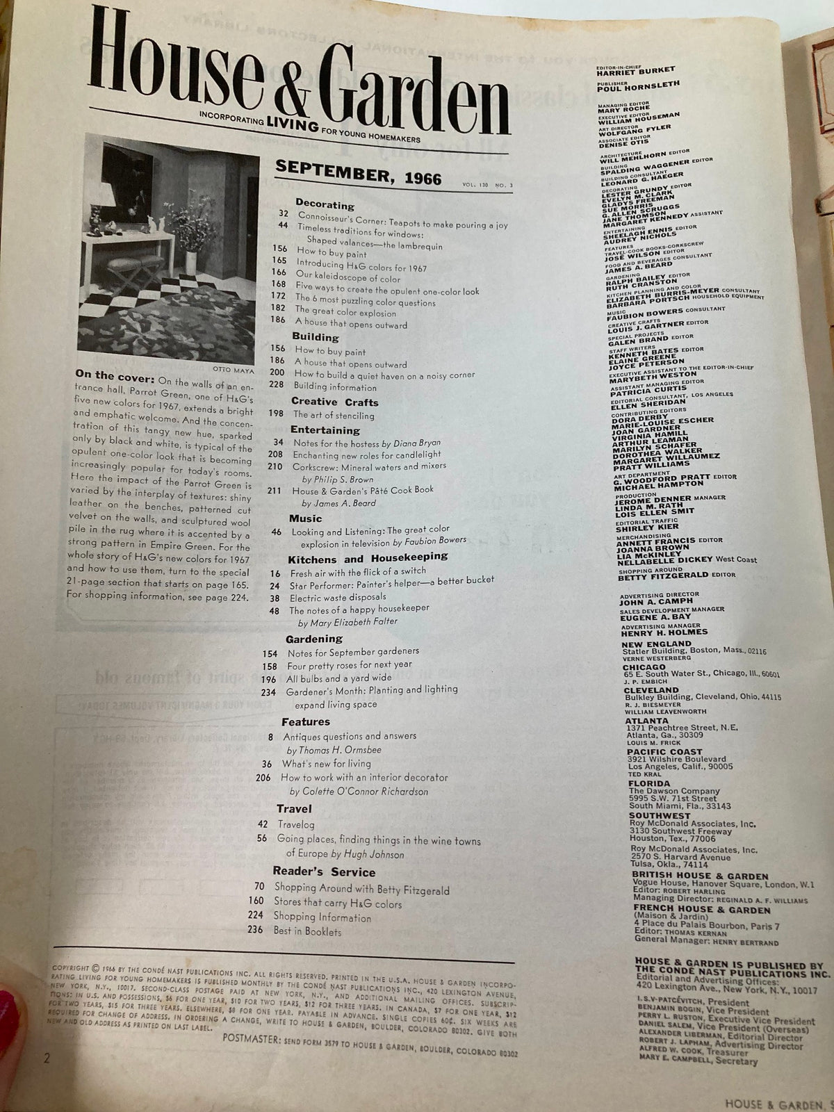 Inside page of the VTG House & Garden Magazine September 1966 showing the table of contents and featuring entries on decorating and teapot ideas from the 1960s.