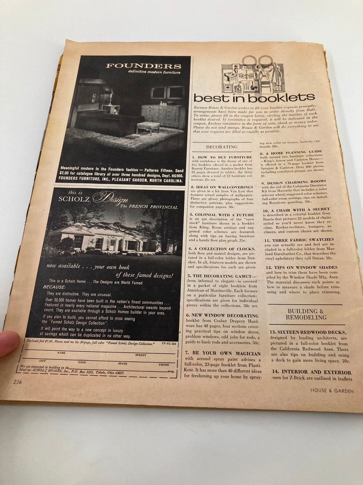 Back inside cover of VTG House & Garden Magazine September 1966 displaying advertisements for modern furniture and interior design tips.