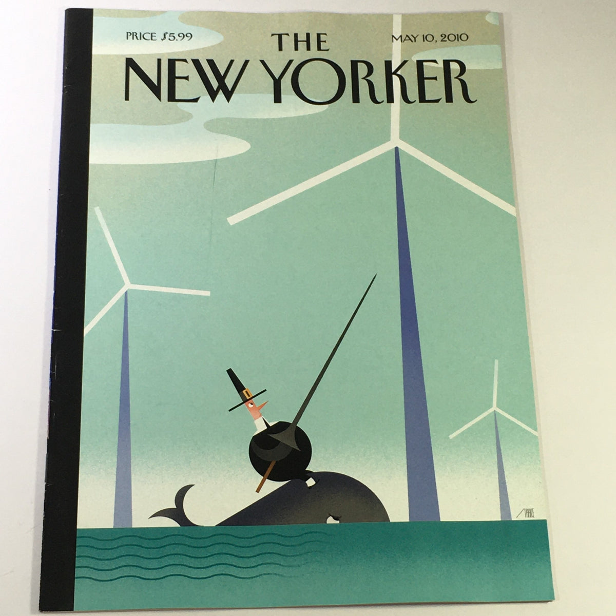 The New Yorker Magazine May 10 2010 cover featuring a whimsical illustration by Bob Staake, showcasing a whale, wind turbines, and a character in a top hat on a boat.
