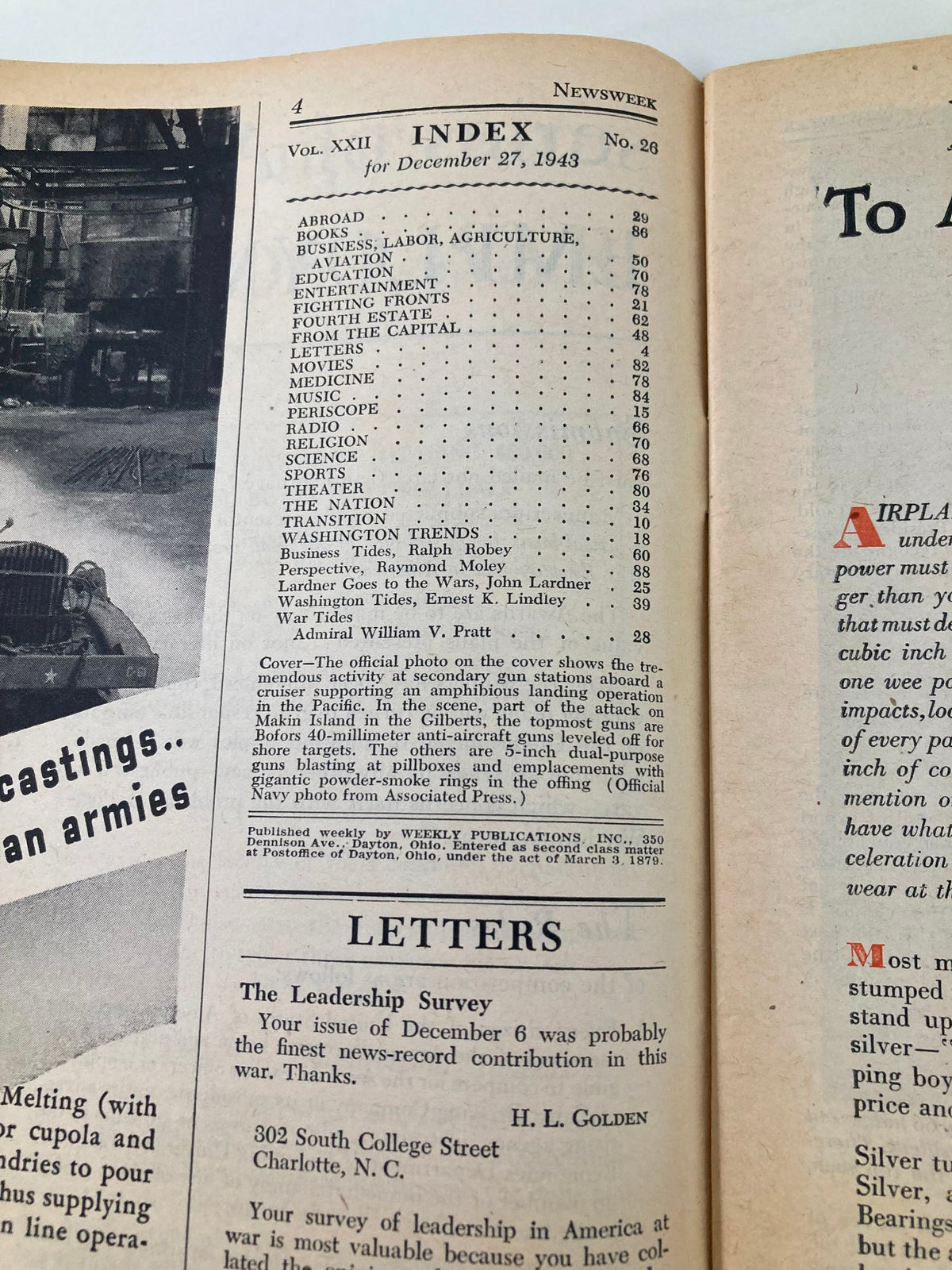 Inside page of VTG Newsweek Magazine December 27, 1943, displaying the index of articles, showcasing the range of topics covered in this historical edition.