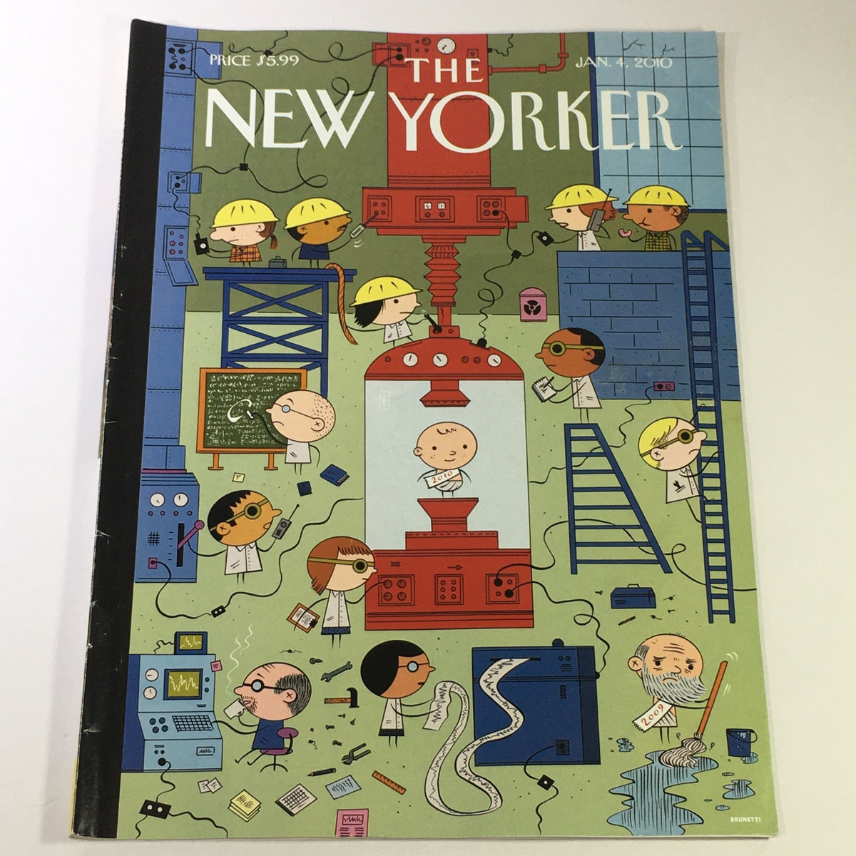 The New Yorker Magazine January 4 2010 cover featuring whimsical illustrations by Ivan Brunetti, depicting creative characters in a colorful laboratory setting.