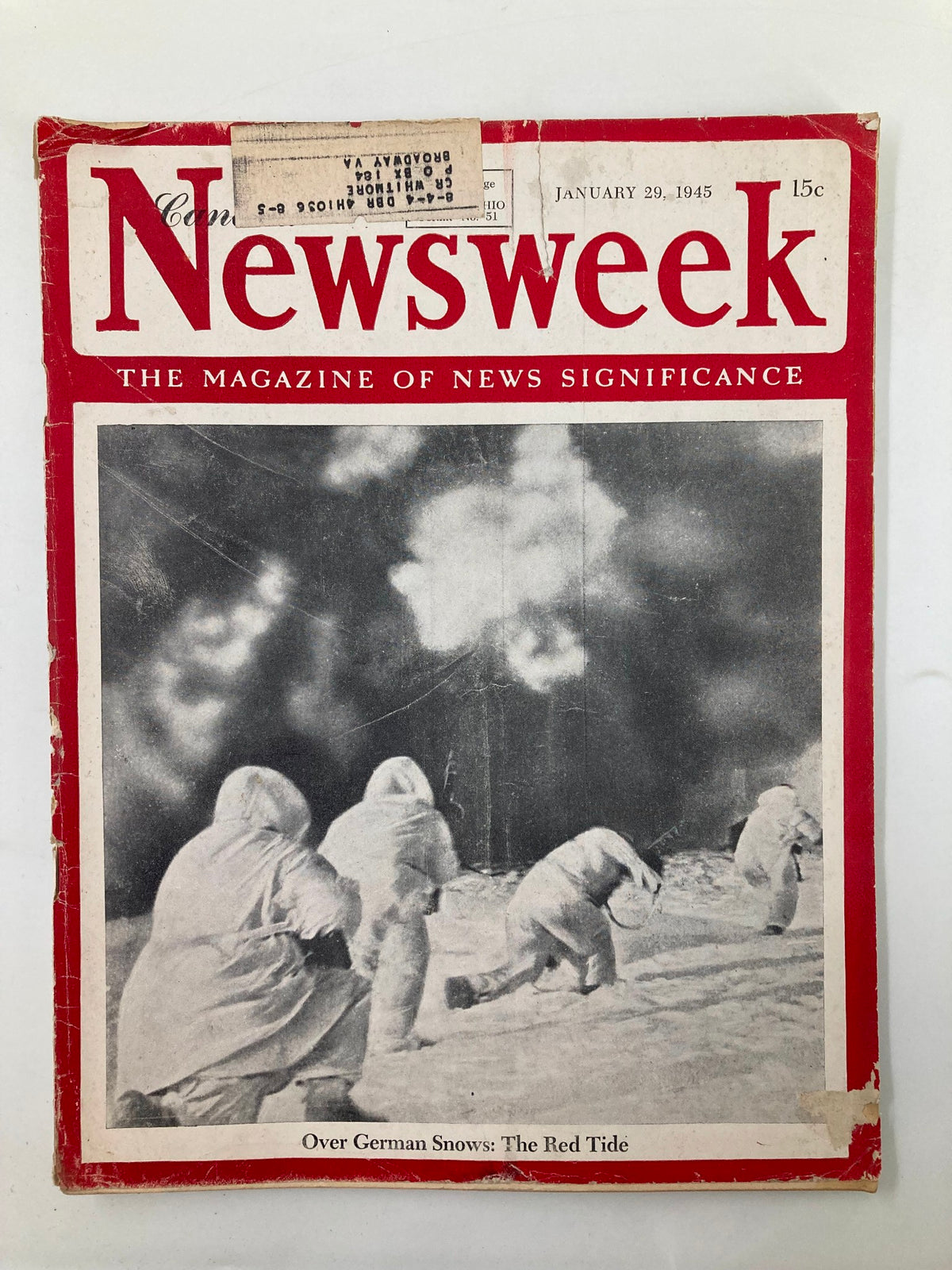 Cover of vintage Newsweek magazine from January 29, 1945, titled 'Over German Snows: The Red Tide,' featuring soldiers in snowy landscape.