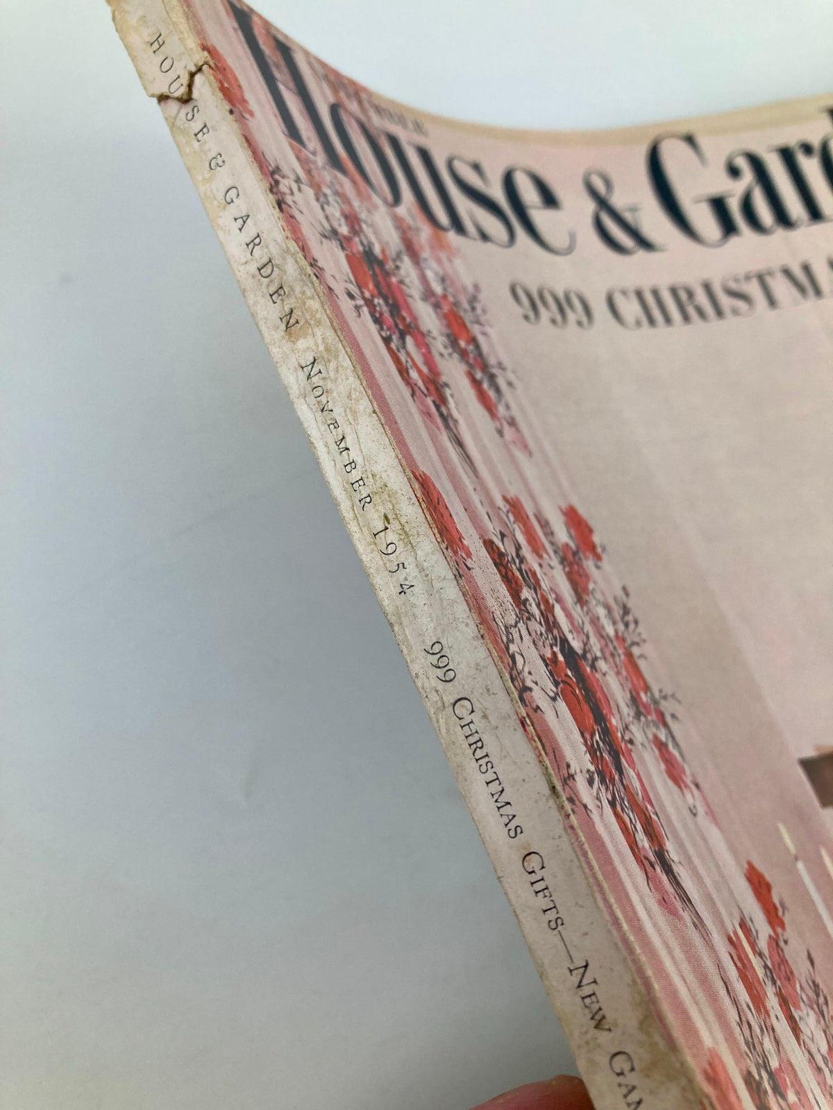 Close-up of the spine and header of the VTG House & Garden Magazine November 1954, highlighting the title and vintage design elements.