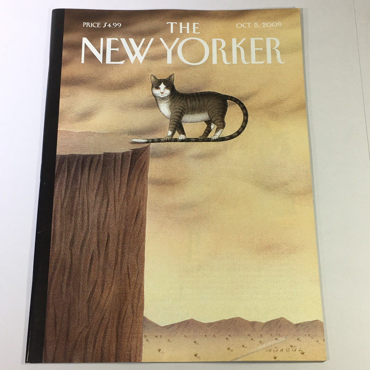 The New Yorker October 5, 2009 issue cover featuring a cat on the edge of a cliff with a desert backdrop, designed by Gürbüz Doğan Ekşioğlu.
