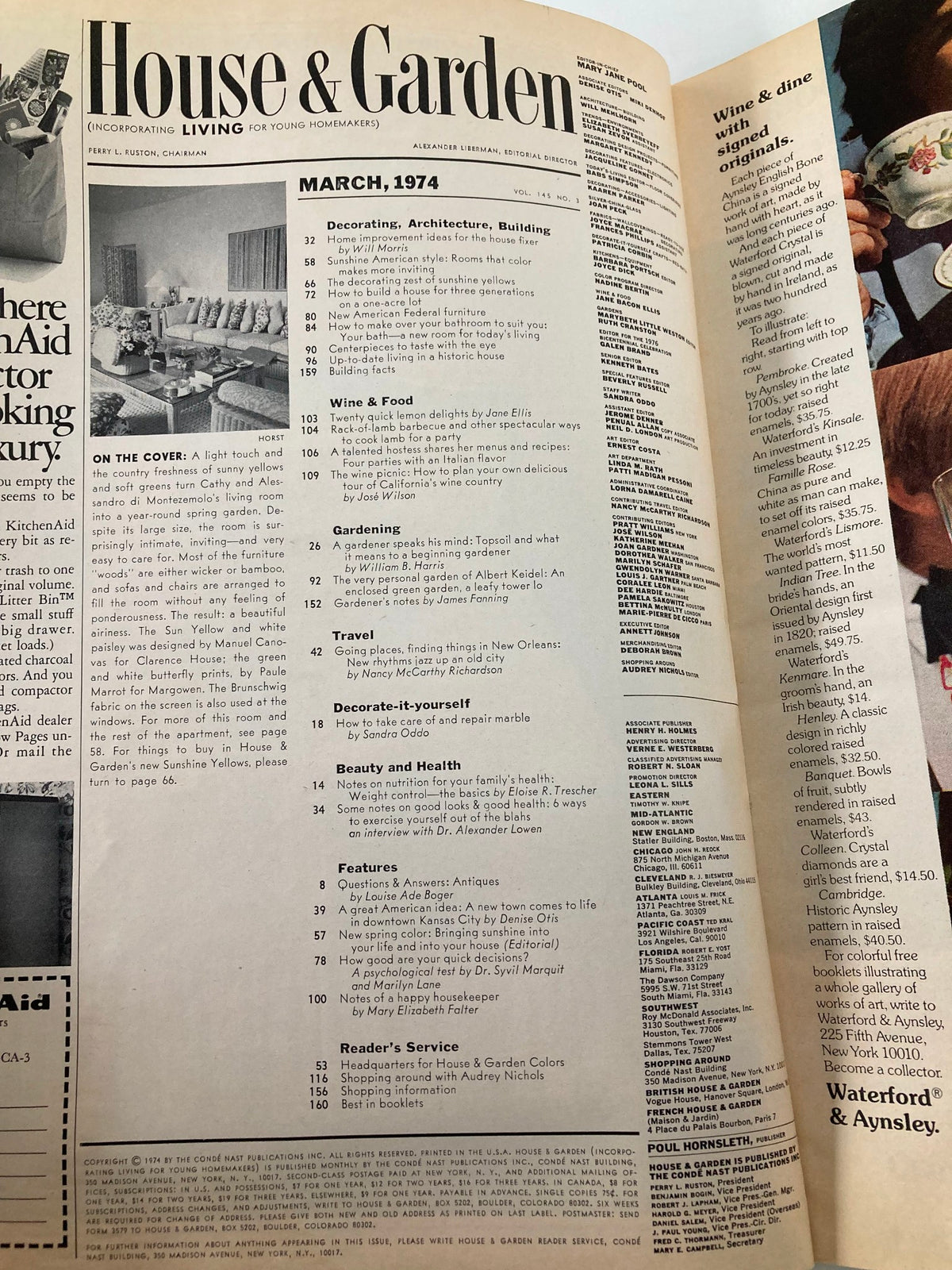 Interior page of VTG House & Garden Magazine March 1974 featuring articles on home improvement, gardening, and marble care. Highlights include features like 'How to take care of and repair marble' and other sections dedicated to food, decor, and health.