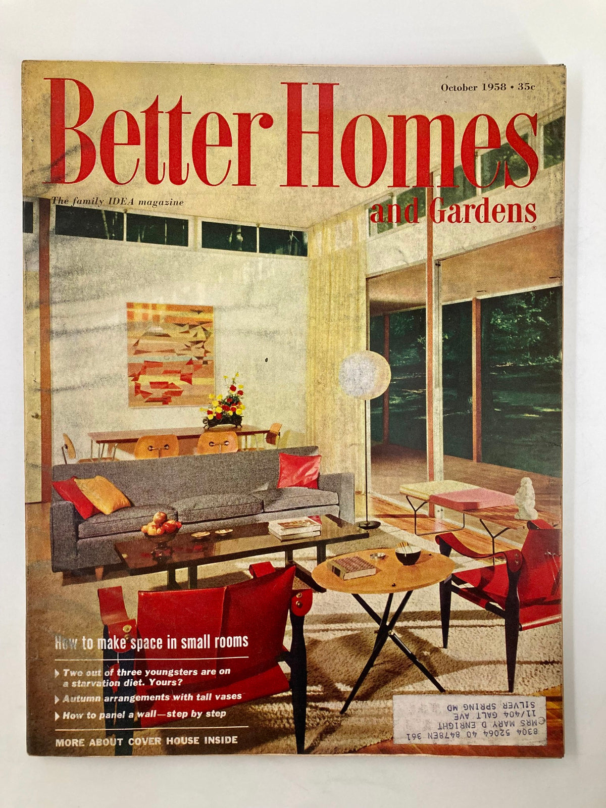 VTG Better Homes & Gardens Magazine October 1958 cover showcasing a living room designed to maximize small space with retro furniture and décor.