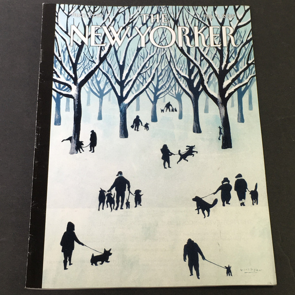 The New Yorker February 9 2015 Cover featuring a winter scene with silhouettes of people walking dogs through snow-covered trees, designed by Mark Ulriksen.