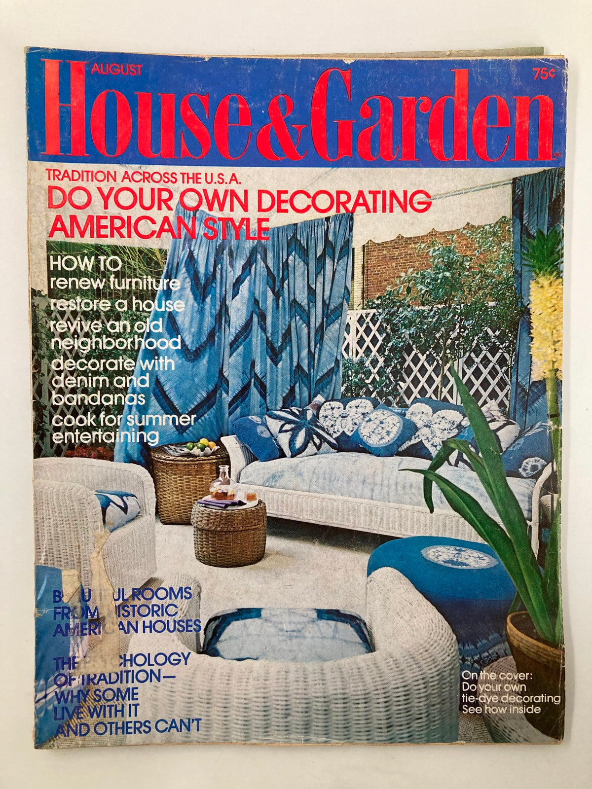 Cover of the VTG House & Garden Magazine August 1971 showcasing DIY tie-dye decorating, featuring blue and white decor in a cozy living space.