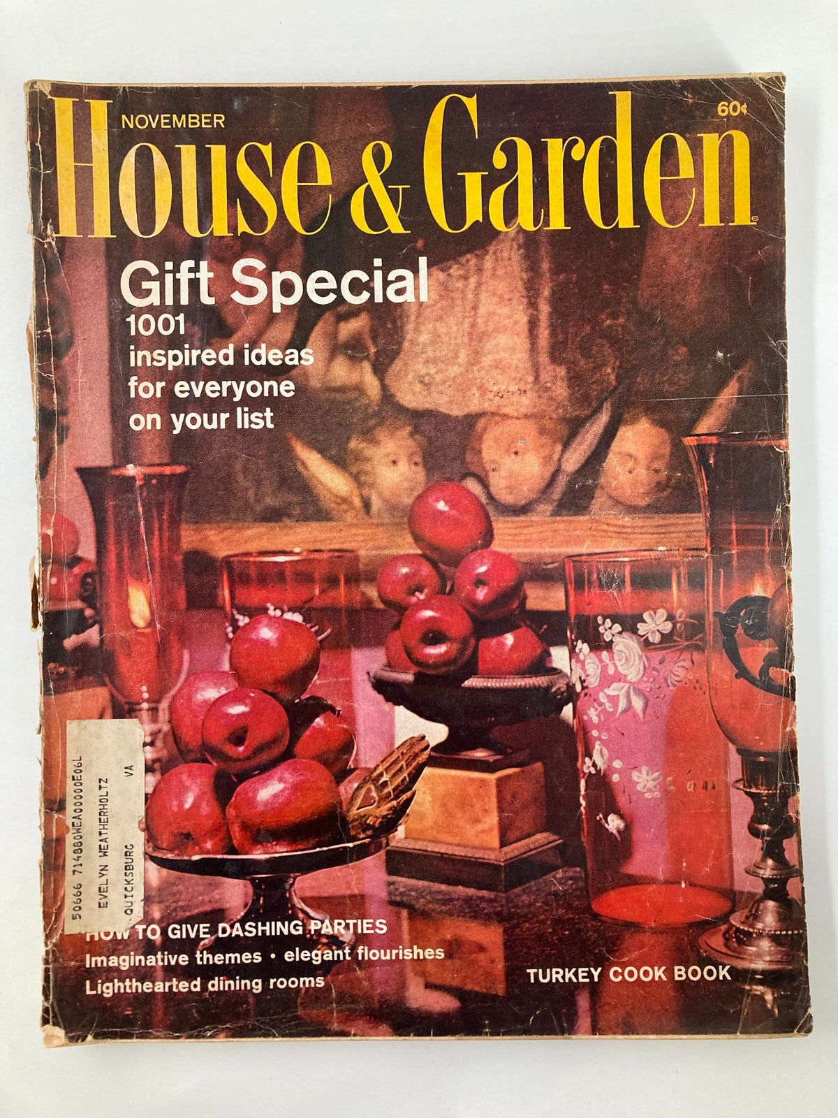 Cover of VTG House & Garden Magazine, November 1965, featuring 'How To Give Dashing Parties' with a still-life image of apples and elegant glassware.