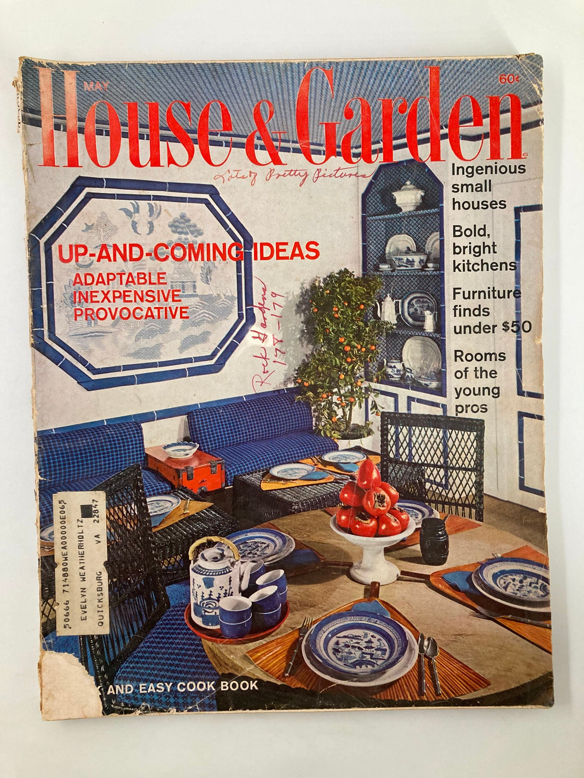 Cover of VTG House & Garden Magazine May 1966 featuring Ingenious Small Houses and Up-And-Coming Ideas with a vibrant blue design and decorative table settings.