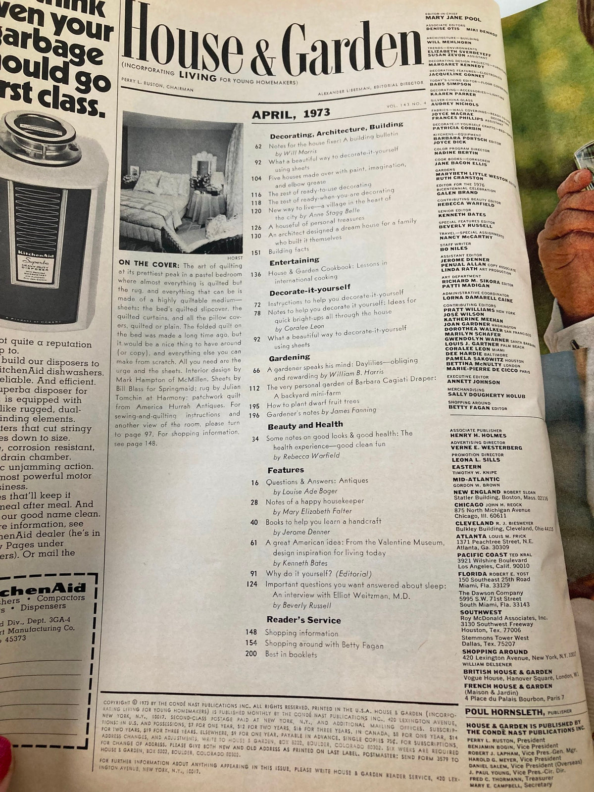Table of contents from House & Garden Magazine, April 1973, listing articles on home decorating, gardening, and more.