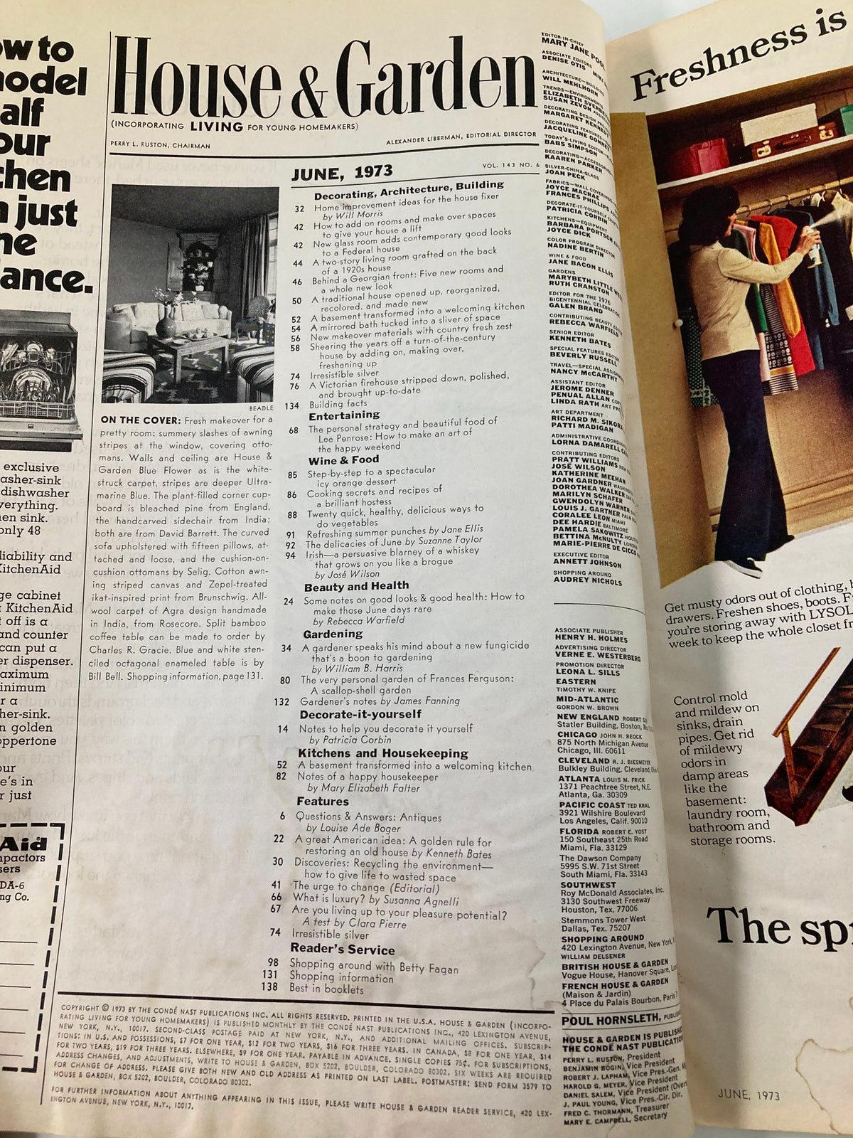 VTG House & Garden Magazine June 1973 showcasing home improvement ideas, featuring an interior design cover and table of contents highlighting articles on decorating, architecture, gardening, and entertaining.