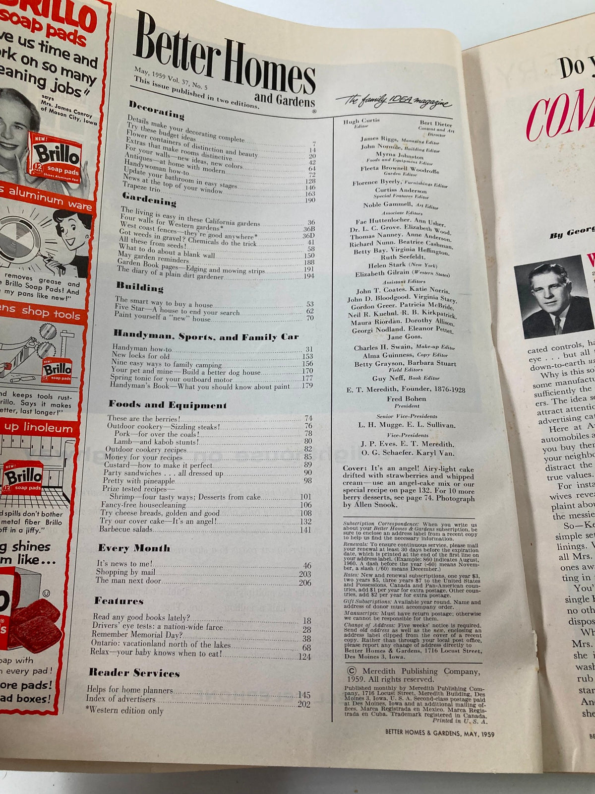 Table of contents page from the VTG Better Homes & Garden Magazine May 1959, listing topics including cooking, gardening, and family life related to Spring Fresh Berry Desserts.