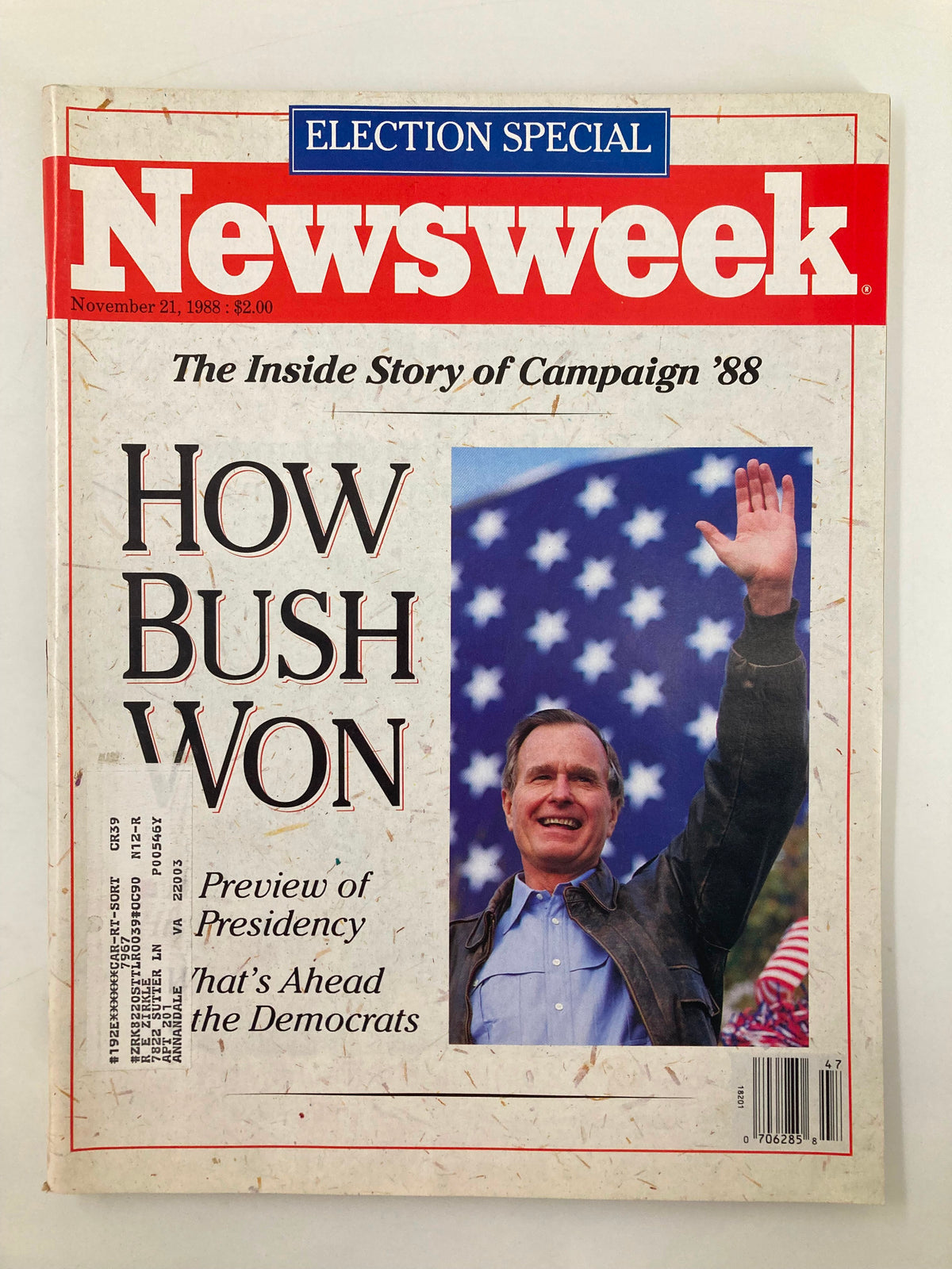 Cover of the Newsweek Magazine from November 21, 1988, featuring the title "How Bush Won: Preview of Presidency," with an image of George H.W. Bush waving in front of an American flag, highlighting the election dynamics of Campaign '88.