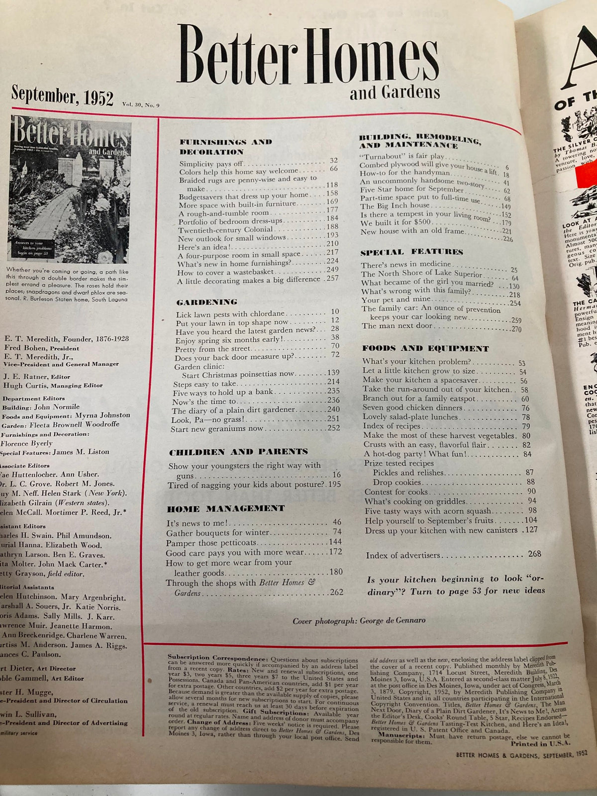 Table of contents from the VTG Better Homes & Garden Magazine September 1952, listing articles on home decor, gardening, and family topics, showcasing the magazine's mid-century design.