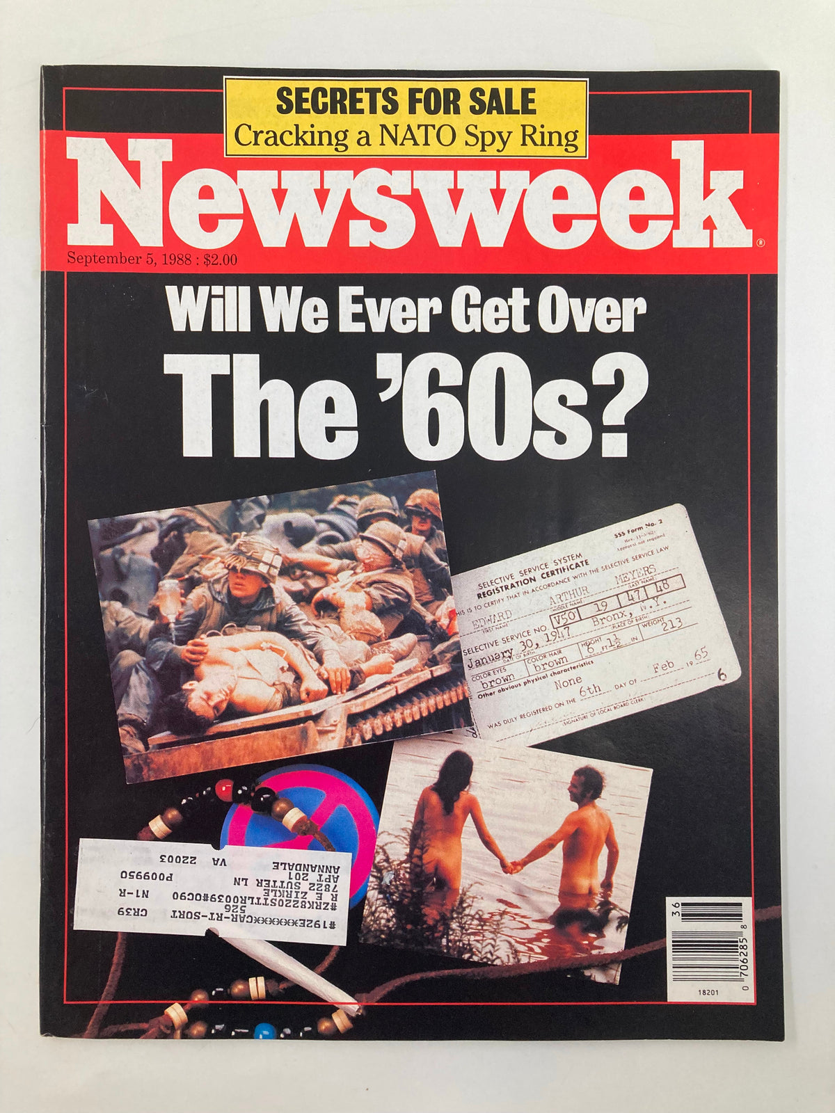 VTG Newsweek Magazine cover from September 5, 1988, featuring the title 'Secrets For Sale: Cracking NATO Spy Ring' and the question 'Will We Ever Get Over The ’60s?' This vintage magazine includes images related to military and cultural themes, appealing to collectors and history enthusiasts.