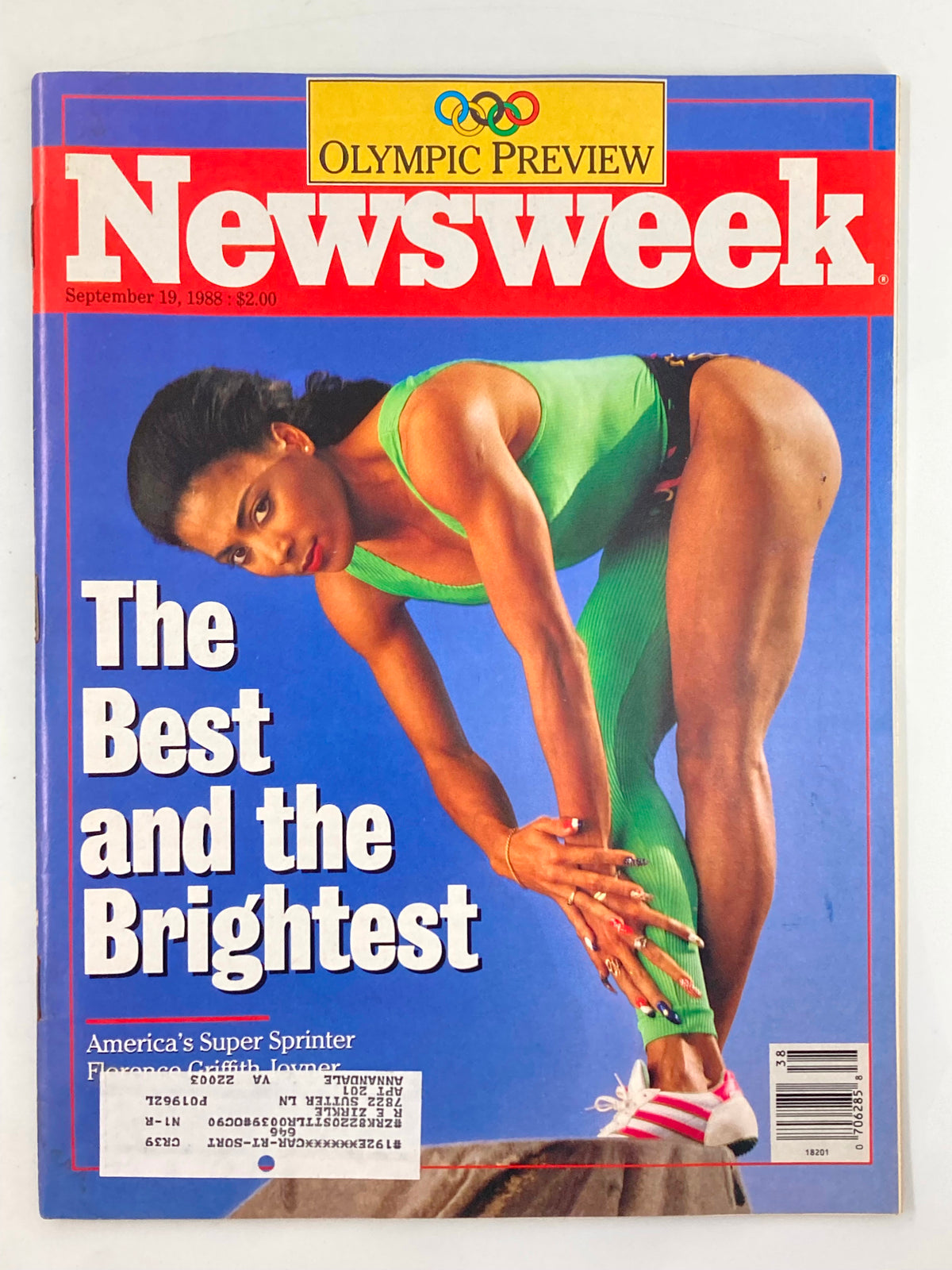 Cover of VTG Newsweek Magazine September 19 1988 featuring Florence Griffith Joyner, highlighted as America's Super Sprinter with the headline 'The Best and the Brightest'.