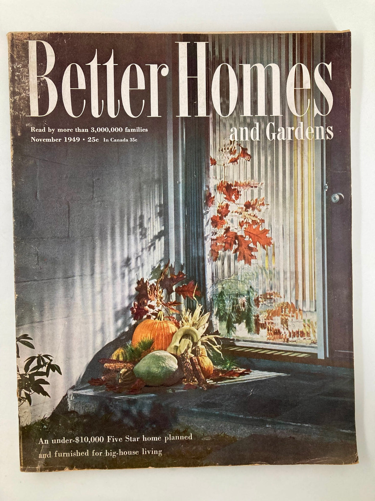VTG Better Homes & Gardens Magazine November 1949 featuring a beautifully illustrated cover showcasing classic autumn decorations with pumpkins and colorful leaves.