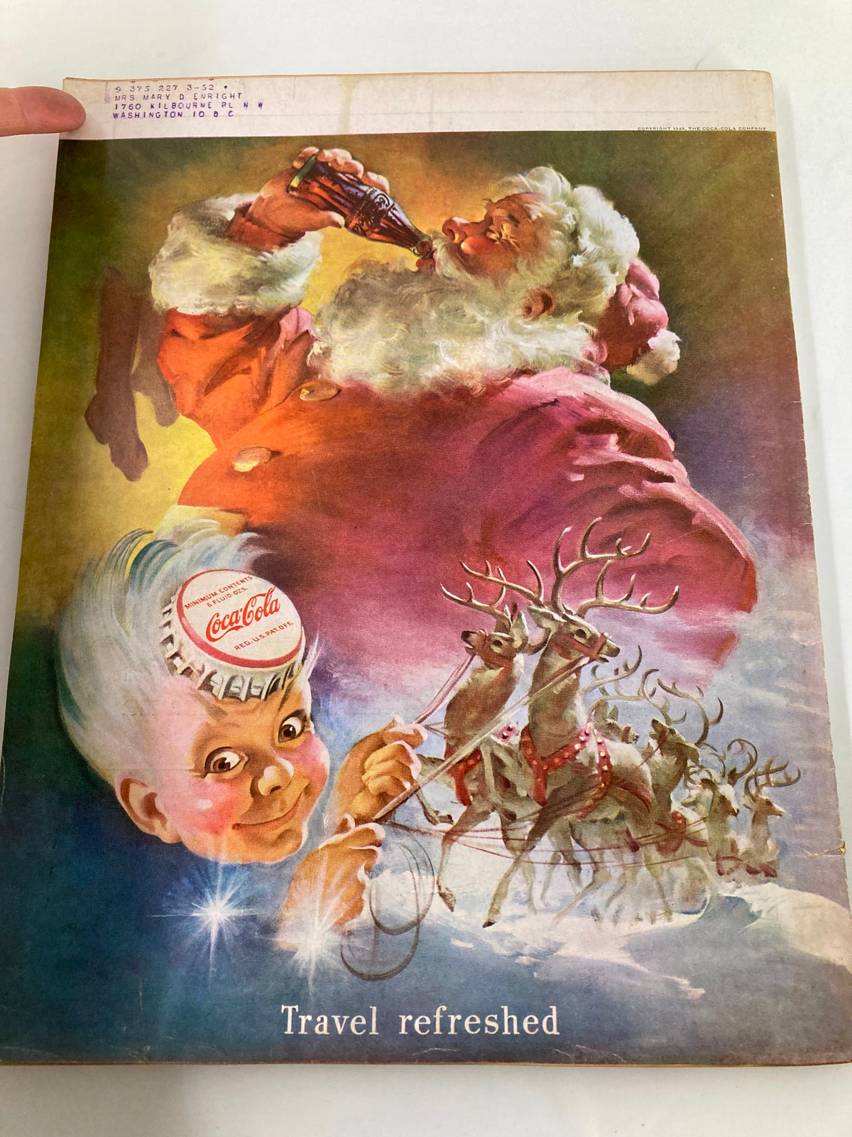 Back cover of the VTG Better Homes & Gardens Magazine November 1949 featuring a festive illustration of Santa Claus and reindeer, promoting Coca-Cola.