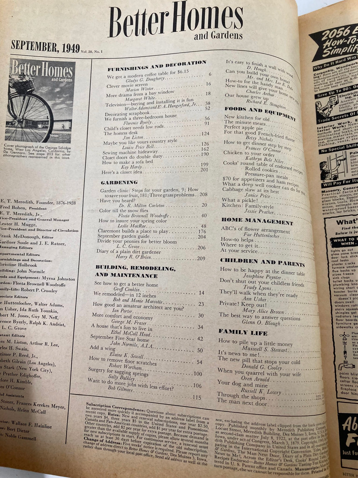 Interior page of VTG Better Homes & Garden Magazine September 1949 displaying the table of contents with multiple articles on home decor and gardening.