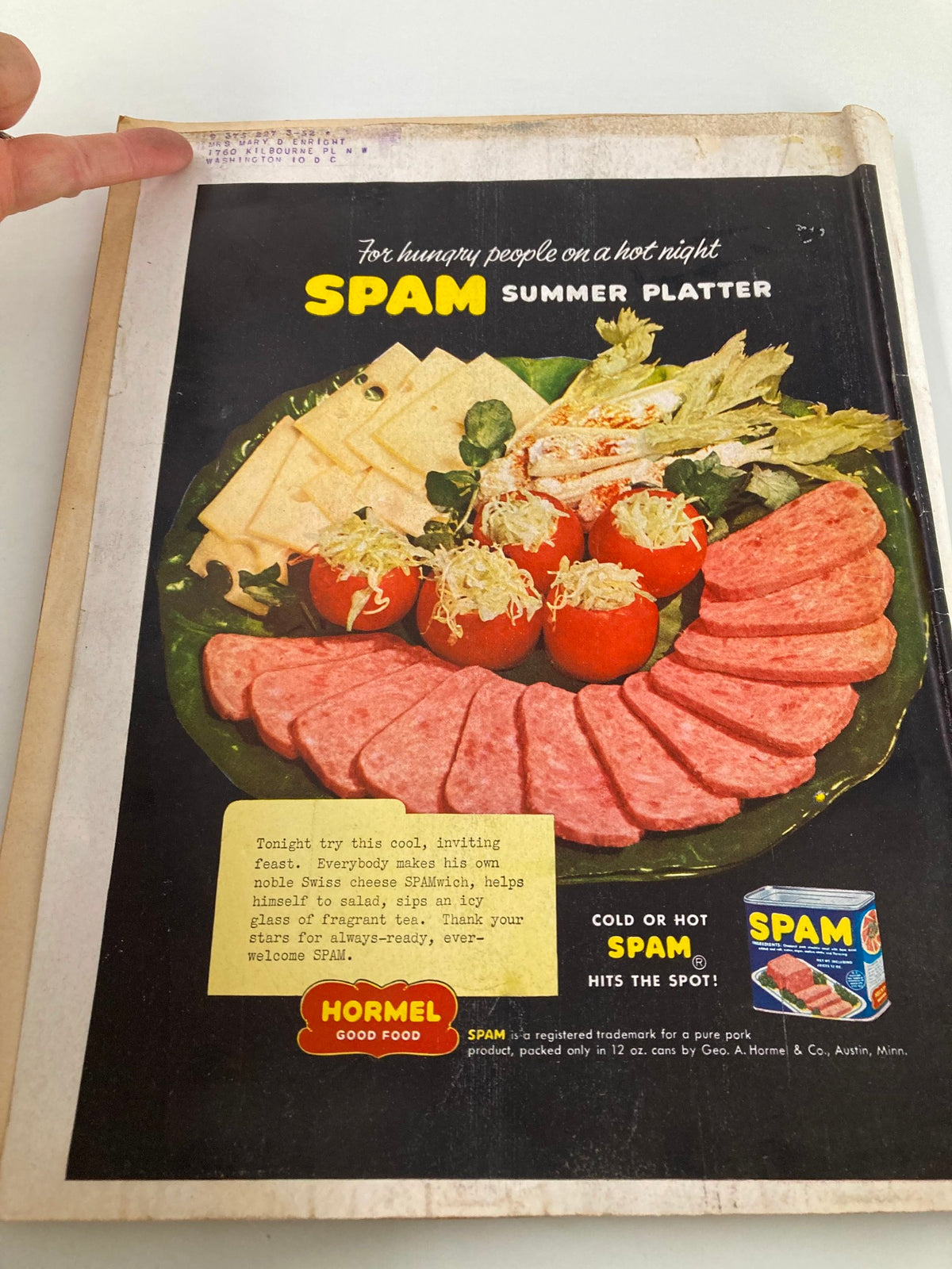 Back cover of VTG Better Homes & Garden Magazine September 1949 featuring an advertisement for Spam Summer Platter and cooking tips.
