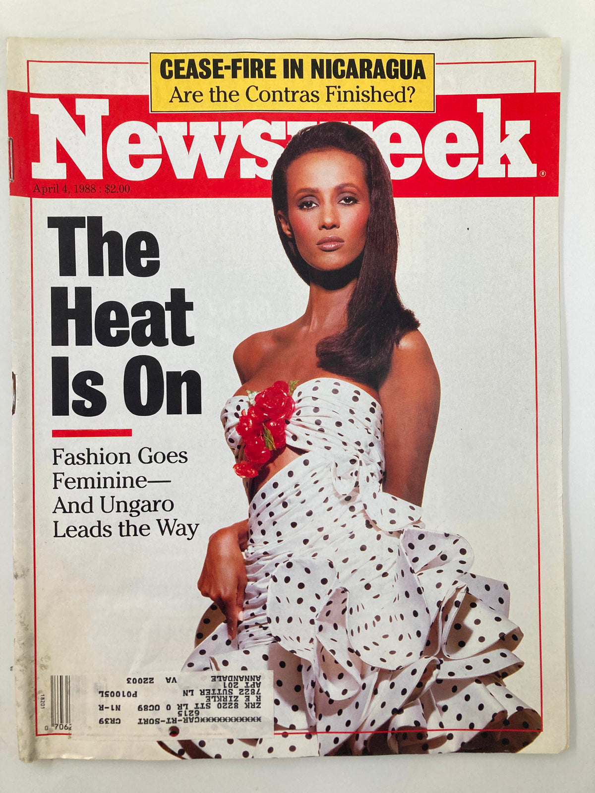 VTG Newsweek Magazine April 4 1988 cover featuring Iman, a fashion icon, with the headline 'The Heat Is On' highlighting feminine fashion trends.