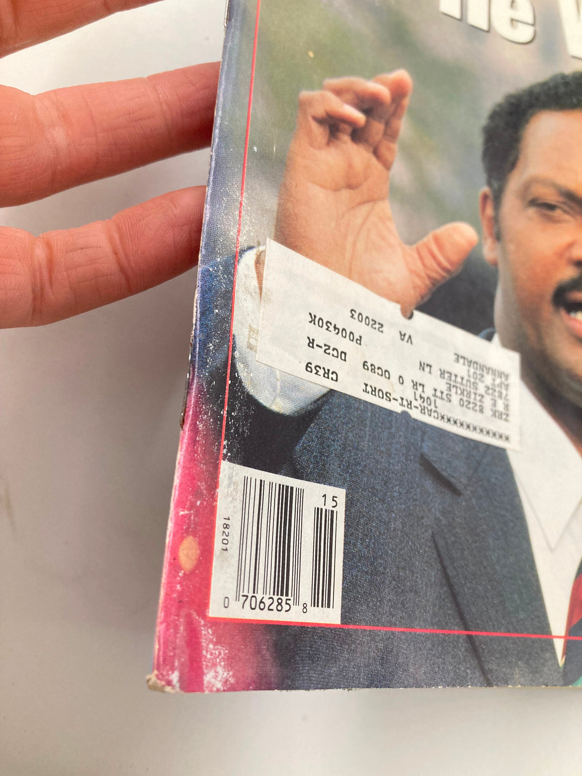 Close-up view of the side of the VTG Newsweek Magazine April 11 1988 featuring Jesse Jackson, displaying the magazine's barcode and label.