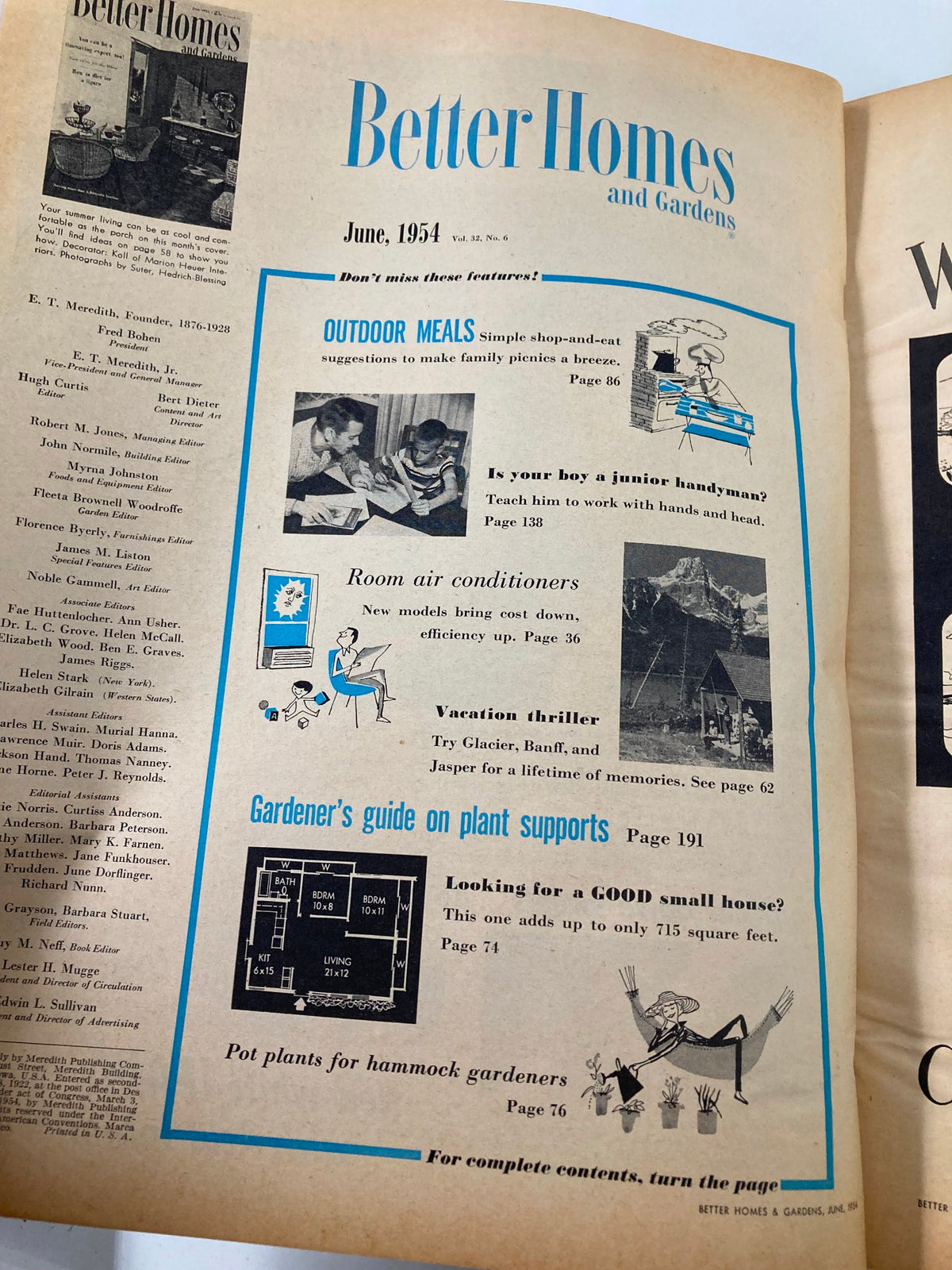 Inside page of VTG Better Homes & Garden Magazine June 1954 displaying the table of contents, showcasing features including outdoor meals and gardening tips.