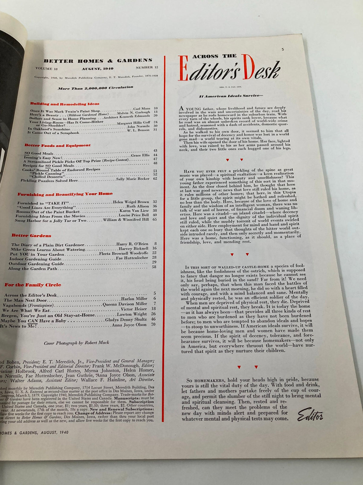 Inside page of VTG Better Homes & Garden Magazine August 1940 displaying the 'Editor's Desk' section with content highlights.