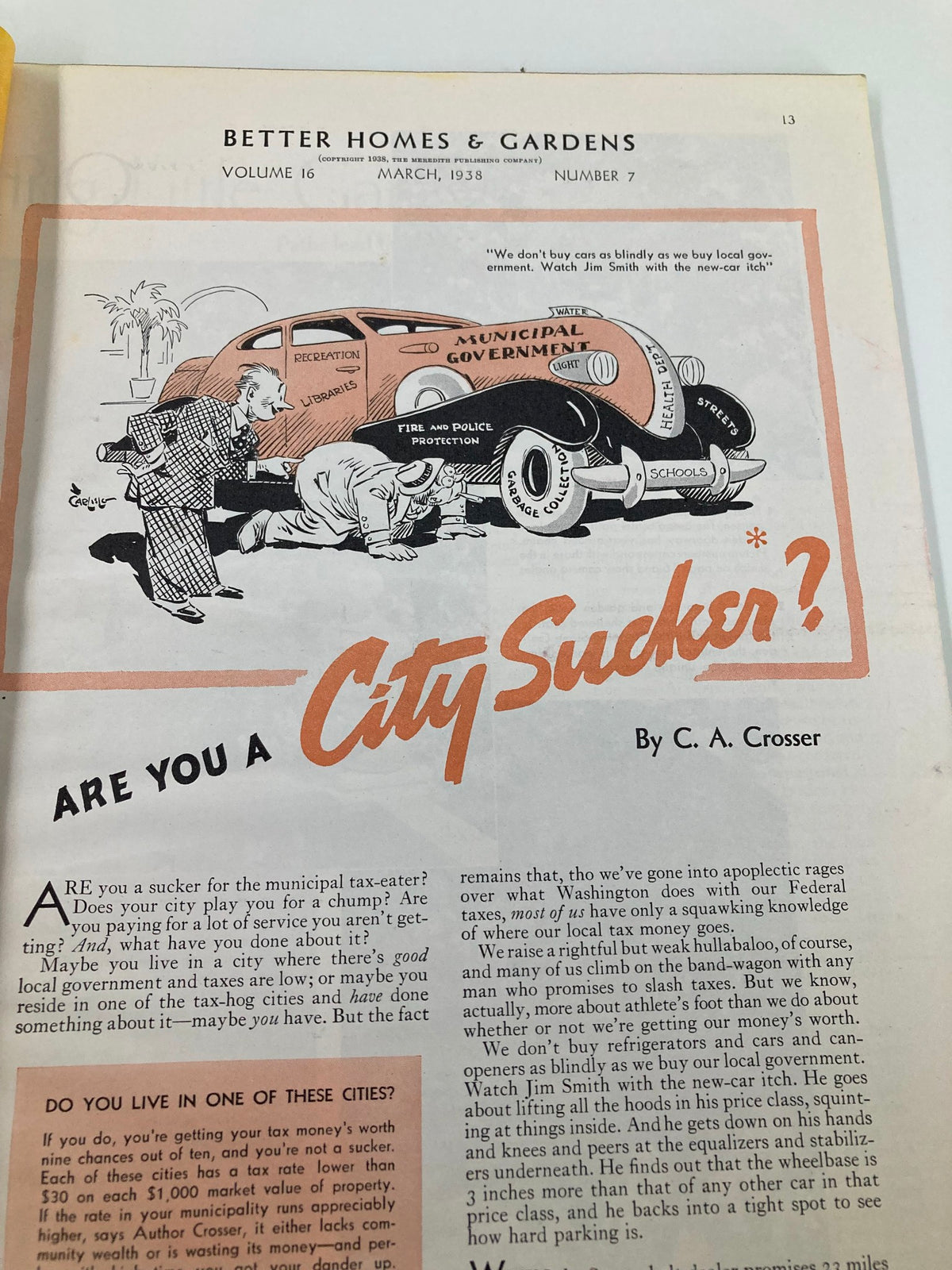 Interior page from the VTG Better Homes & Garden Magazine March 1938, showing a cartoon titled 'Are You a City Sucker?' discussing municipal tax issues.