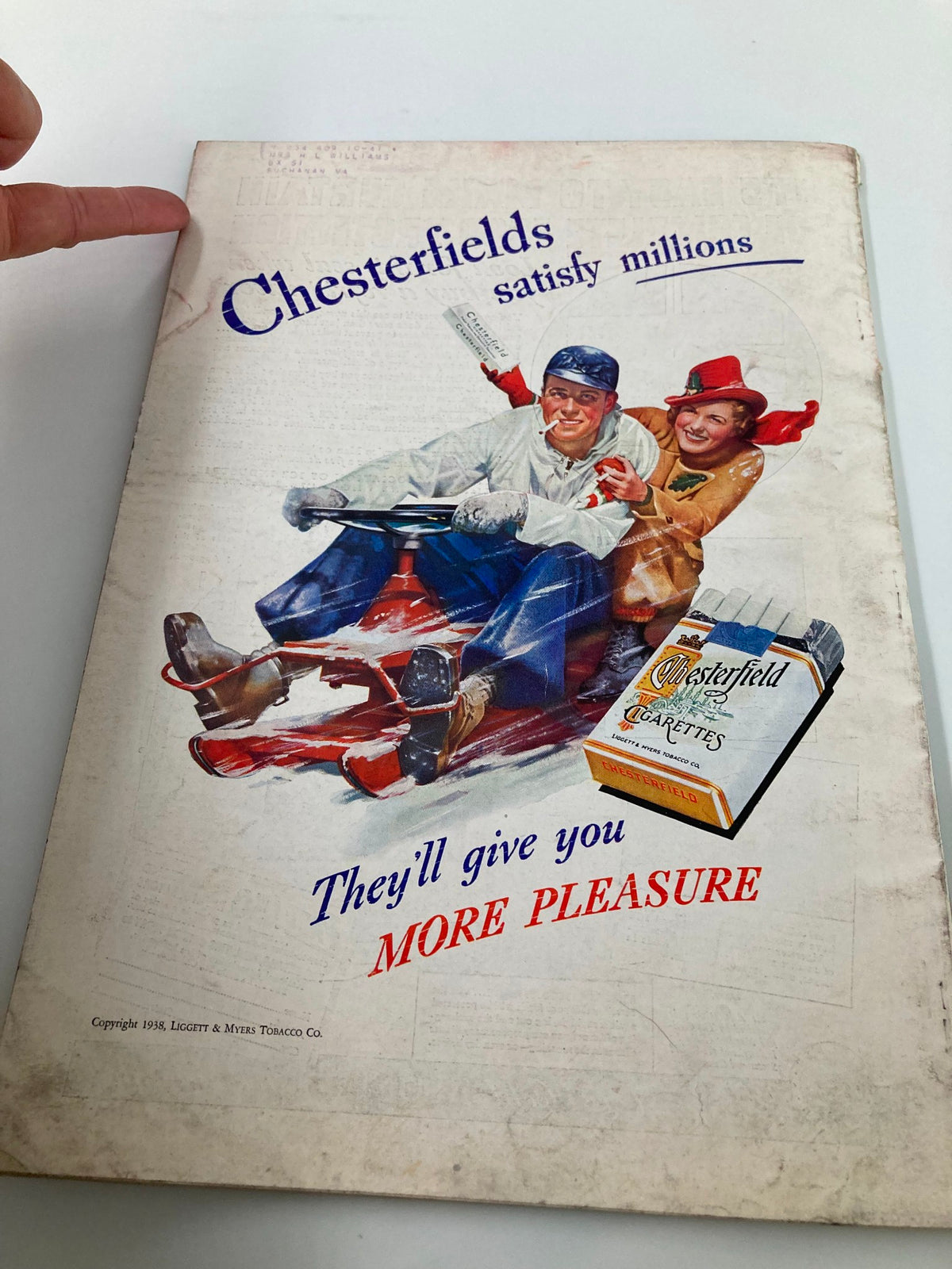 Back cover of VTG Better Homes & Garden Magazine March 1938 featuring an advertisement for Chesterfield cigarettes with colorful illustrations of two figures in traditional attire.