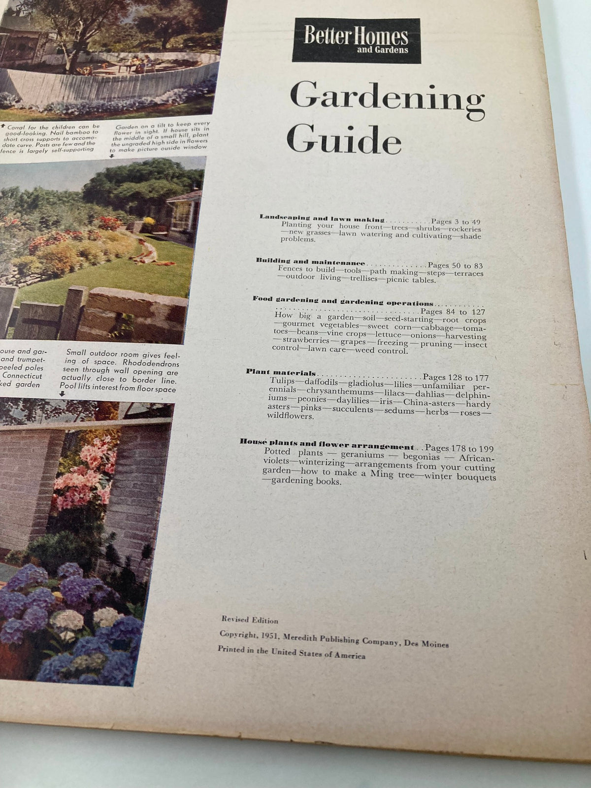 Table of contents from VTG Better Homes & Gardens Gardening Guide 1951 outlining key gardening topics and chapters.
