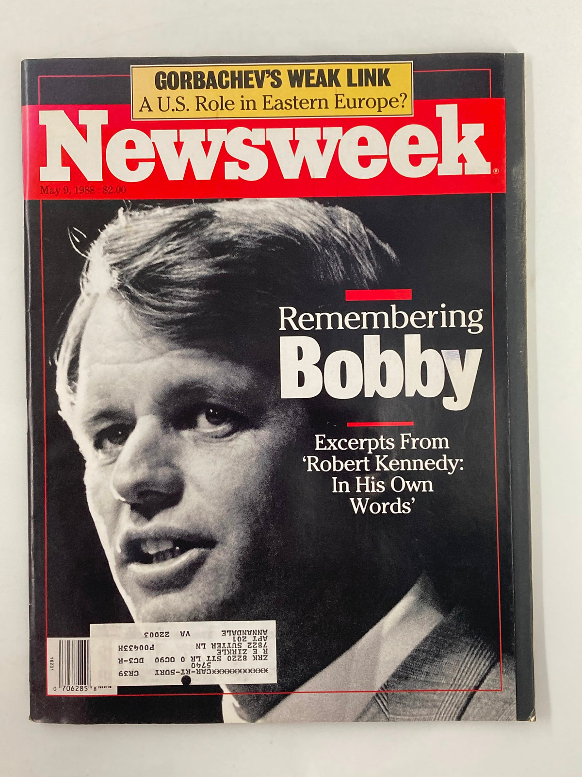 VTG Newsweek Magazine from May 9, 1988, featuring the title 'Remembering Bobby Kennedy In His Own Words'. The cover displays a black and white photo of Bobby Kennedy with the magazine's name and the date prominently featured.
