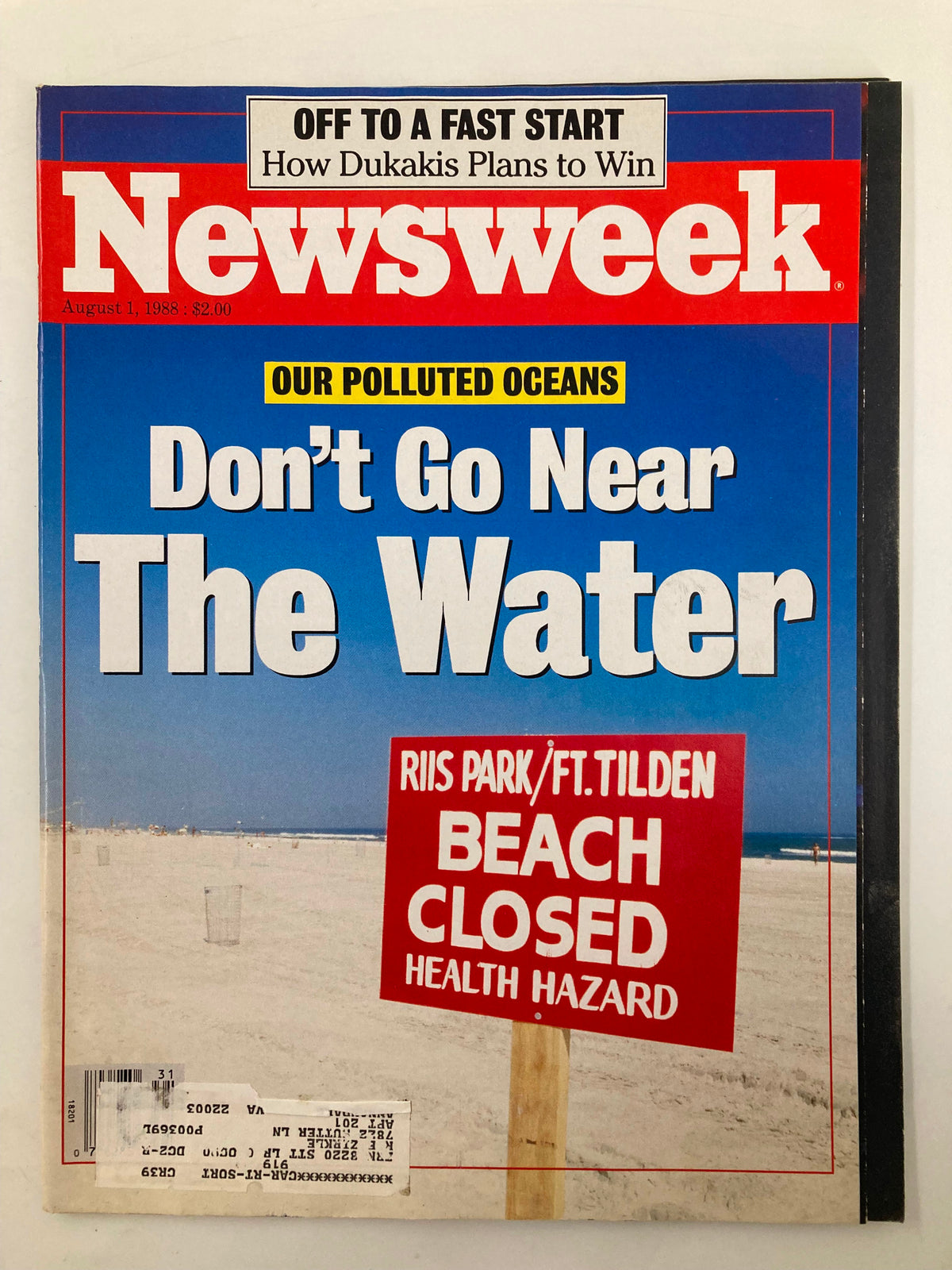Cover of vintage Newsweek magazine dated August 1, 1988, titled 'Our Polluted Oceans Don't Go Near The Water,' featuring a beach scene with a sign indicating beach closure due to health hazards, highlighting environmental issues of the time.