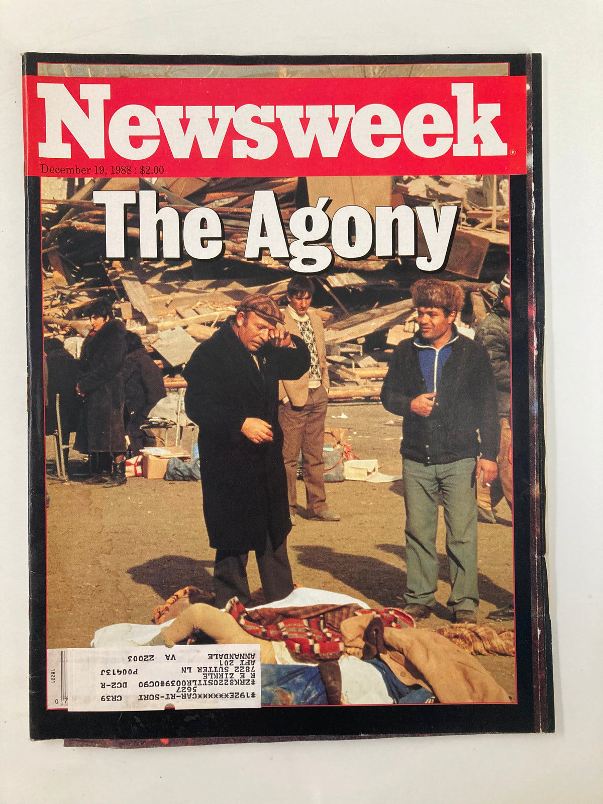 VTG Newsweek Magazine December 19 1988 cover featuring the title 'The Agony'. The image depicts a somber scene with individuals standing near a disaster site, reflecting on the complexities of the period during the Cold War under Mikhail Gorbachev's leadership.