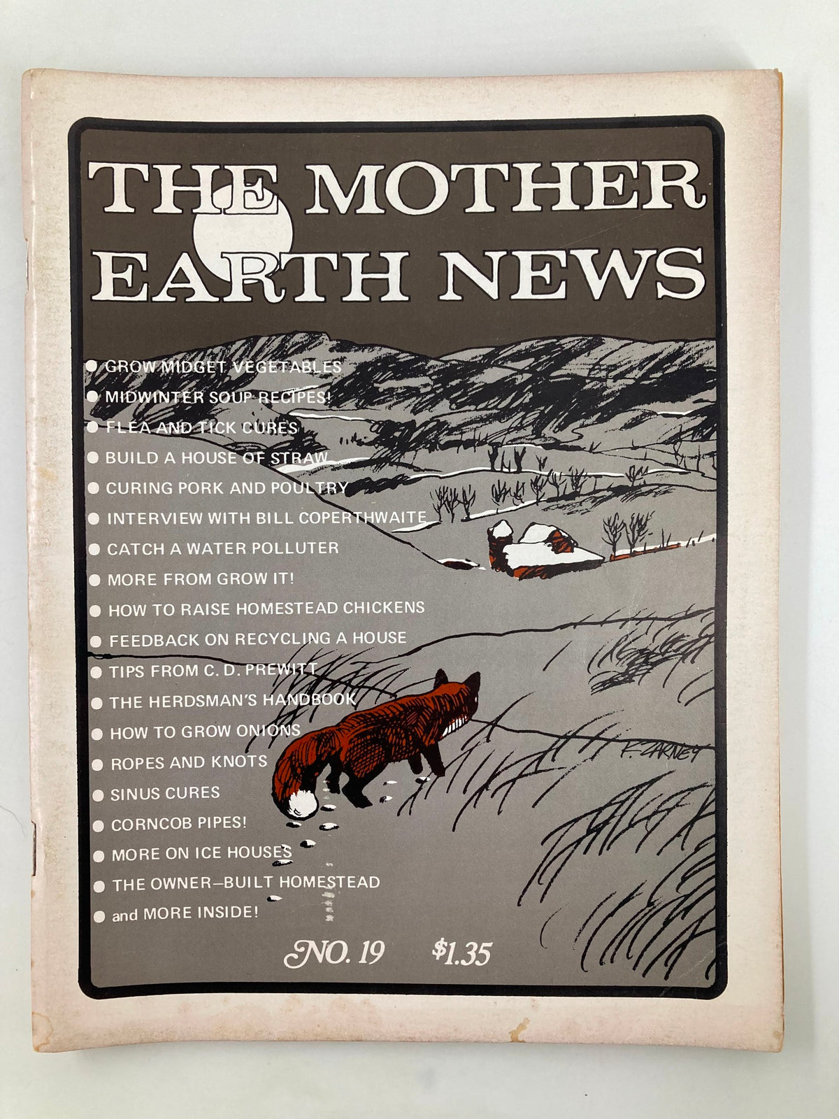 Cover of VTG The Mother Earth News Magazine January 1973 #19 featuring articles on growing midget vegetables, winter soup recipes, and sustainable living.