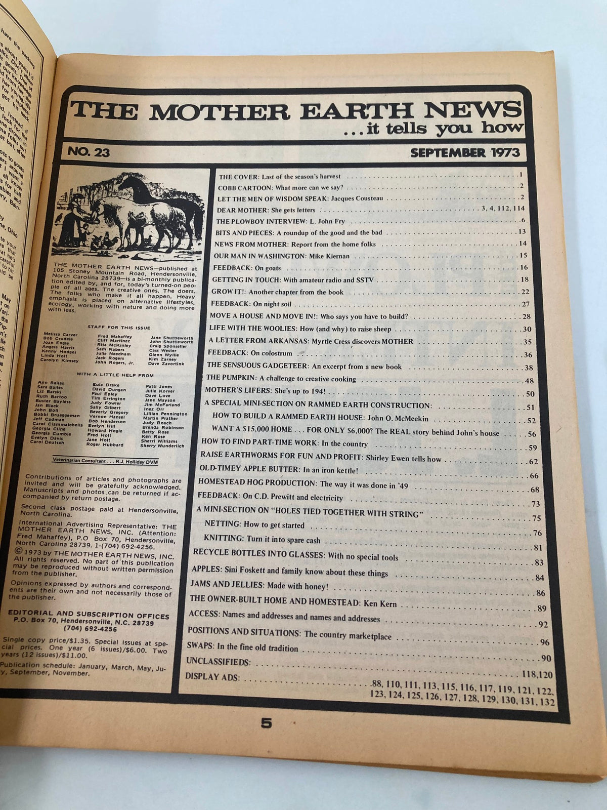 Table of contents from the VTG The Mother Earth News Magazine September 1973, issue number 23, featuring articles including Old-Timey Apple Butter and various homesteading topics.