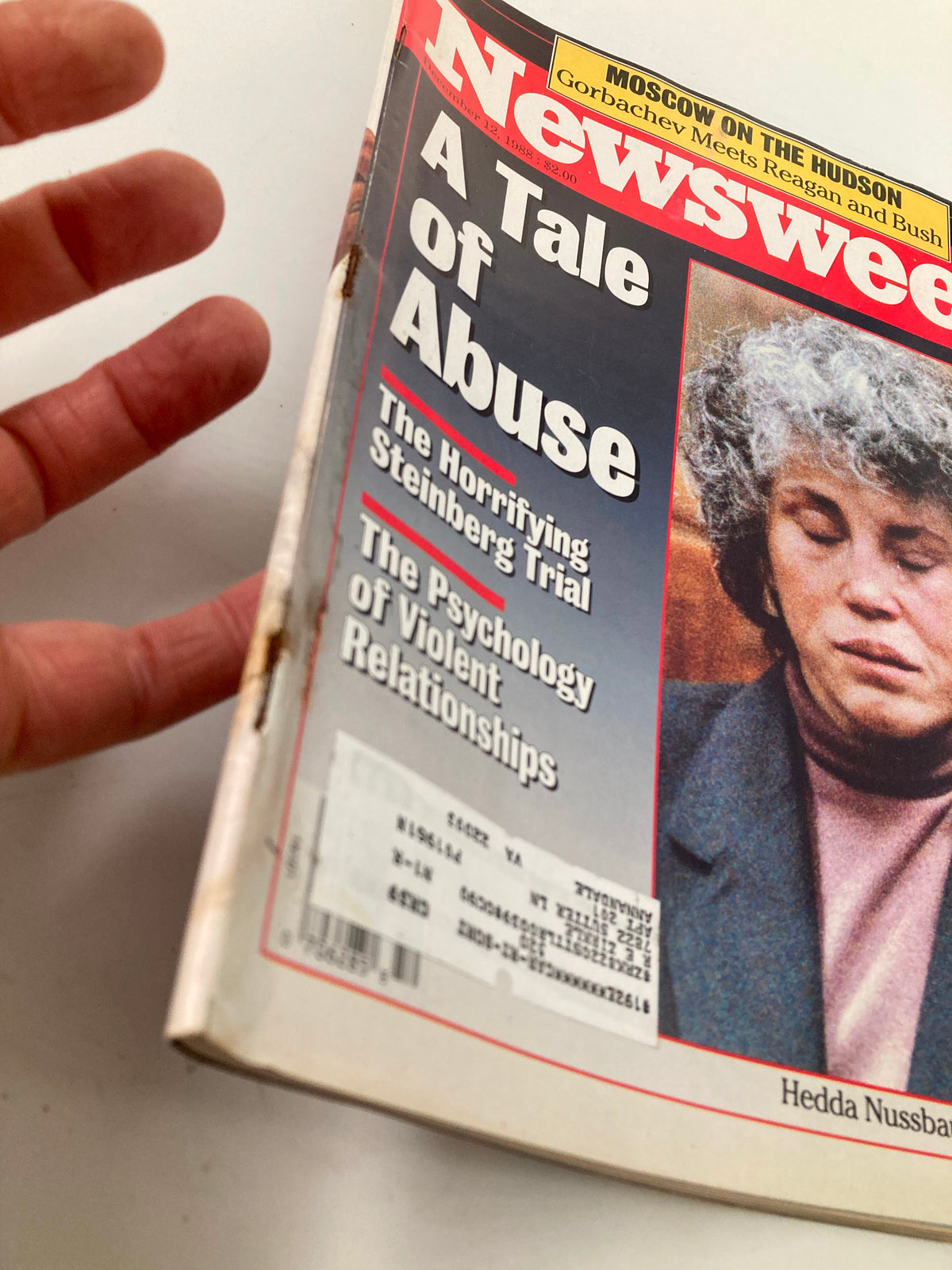 Detailed view of Vintage Newsweek Magazine December 12, 1988 showing 'A Tale of Abuse' cover story along with minor wear on the magazine highlighting its vintage appeal.